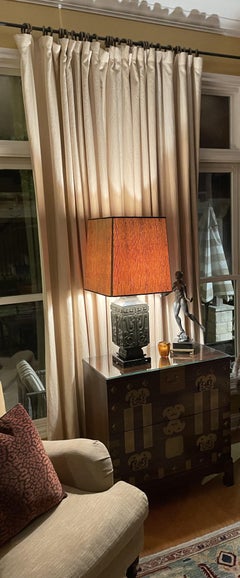 Qing Dynasty Cast-Bronze Table Lamps with Green Grass Cloth Shades