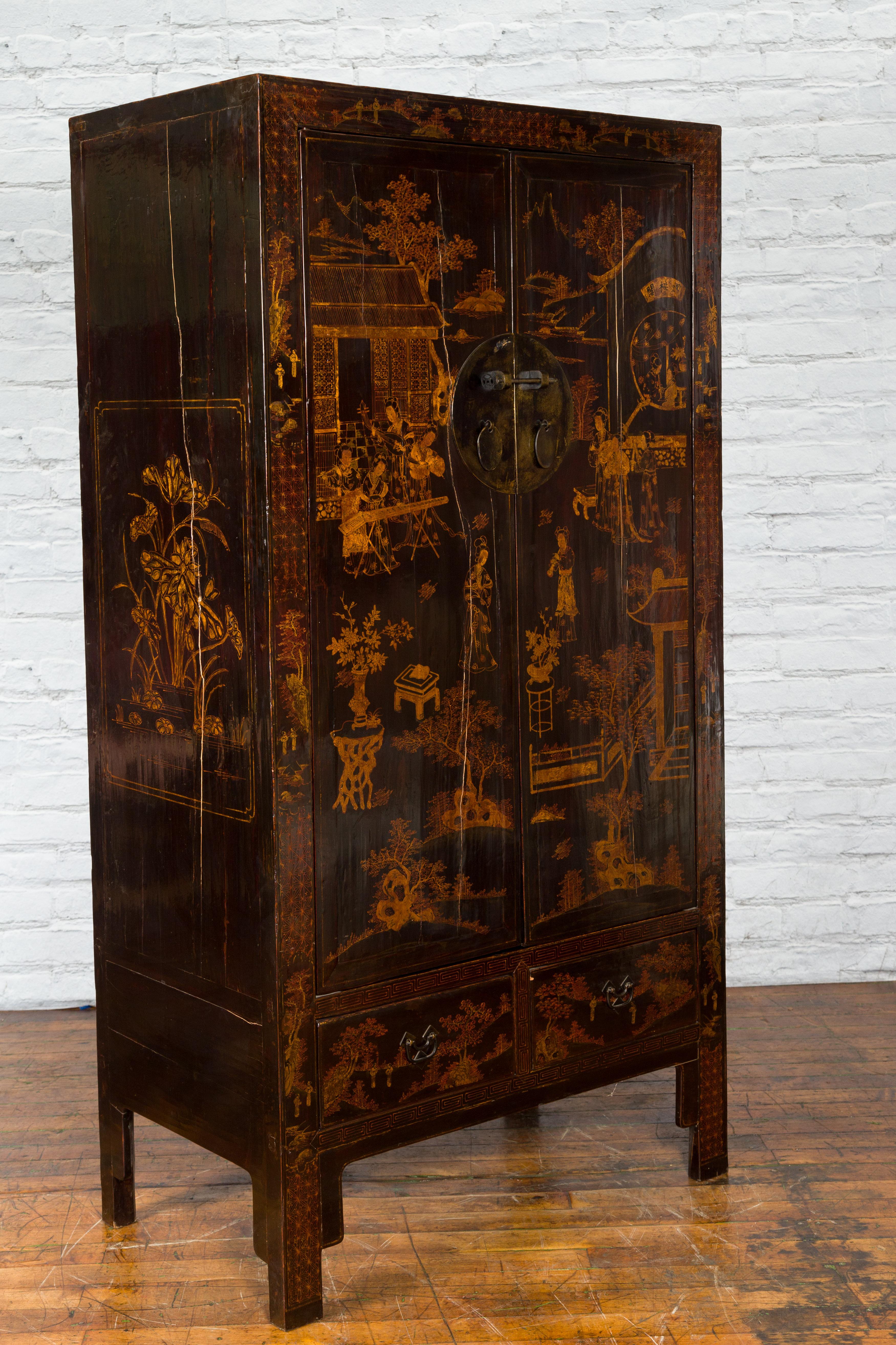 Wood Qing Dynasty Chinese 19th Century Cabinet with Gilt Hand-Painted Musical Scenes