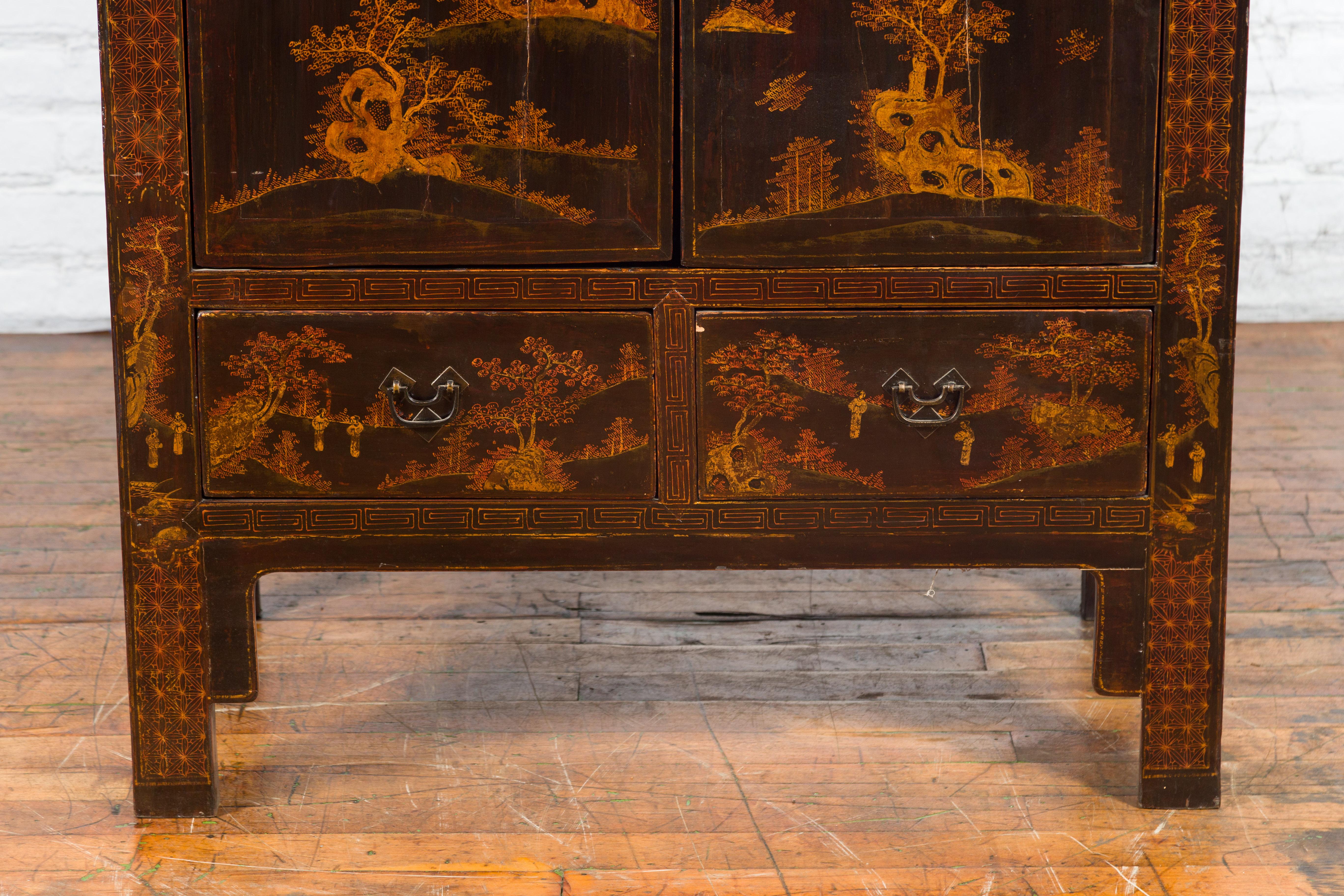 Cabinet du 19e siècle de la dynastie Qing avec scènes musicales peintes à la main et dorées 2