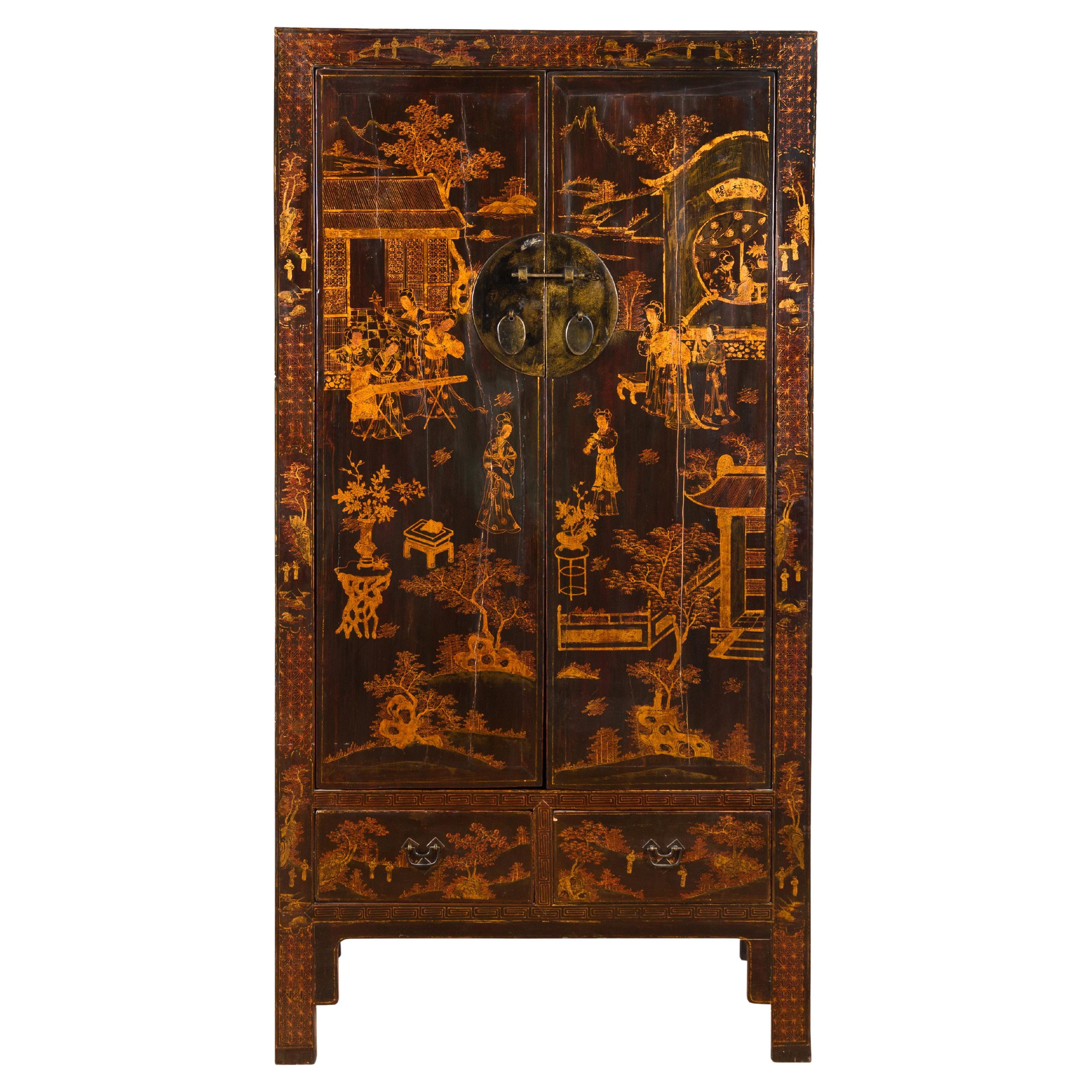 Qing Dynasty Chinese 19th Century Cabinet with Gilt Hand-Painted Musical Scenes