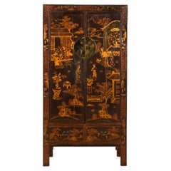 Antique Qing Dynasty Chinese 19th Century Cabinet with Gilt Hand-Painted Musical Scenes