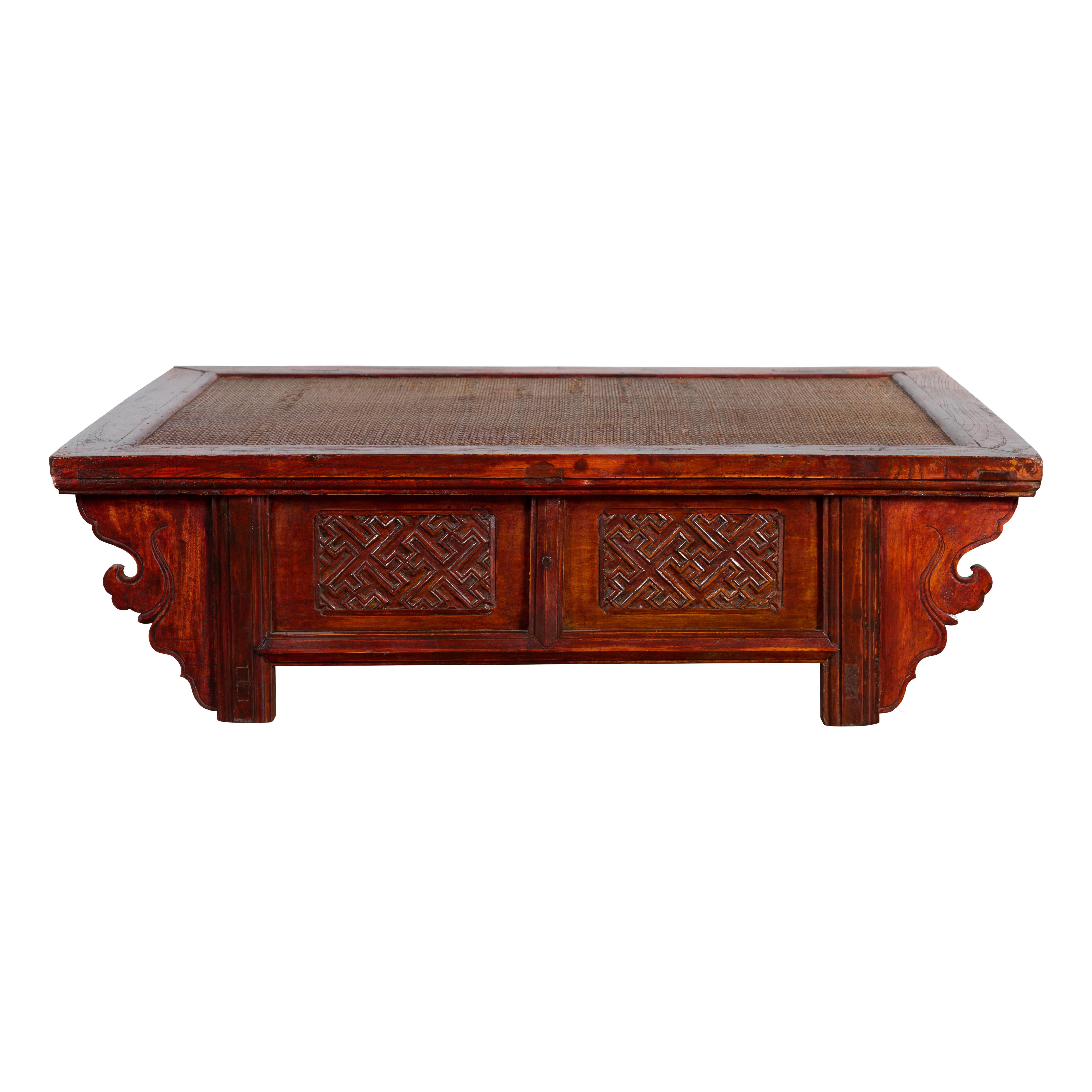 Qing Dynasty Chinese 19th Century Dark Red Lacquer Coffee Table with Rattan Top For Sale 9