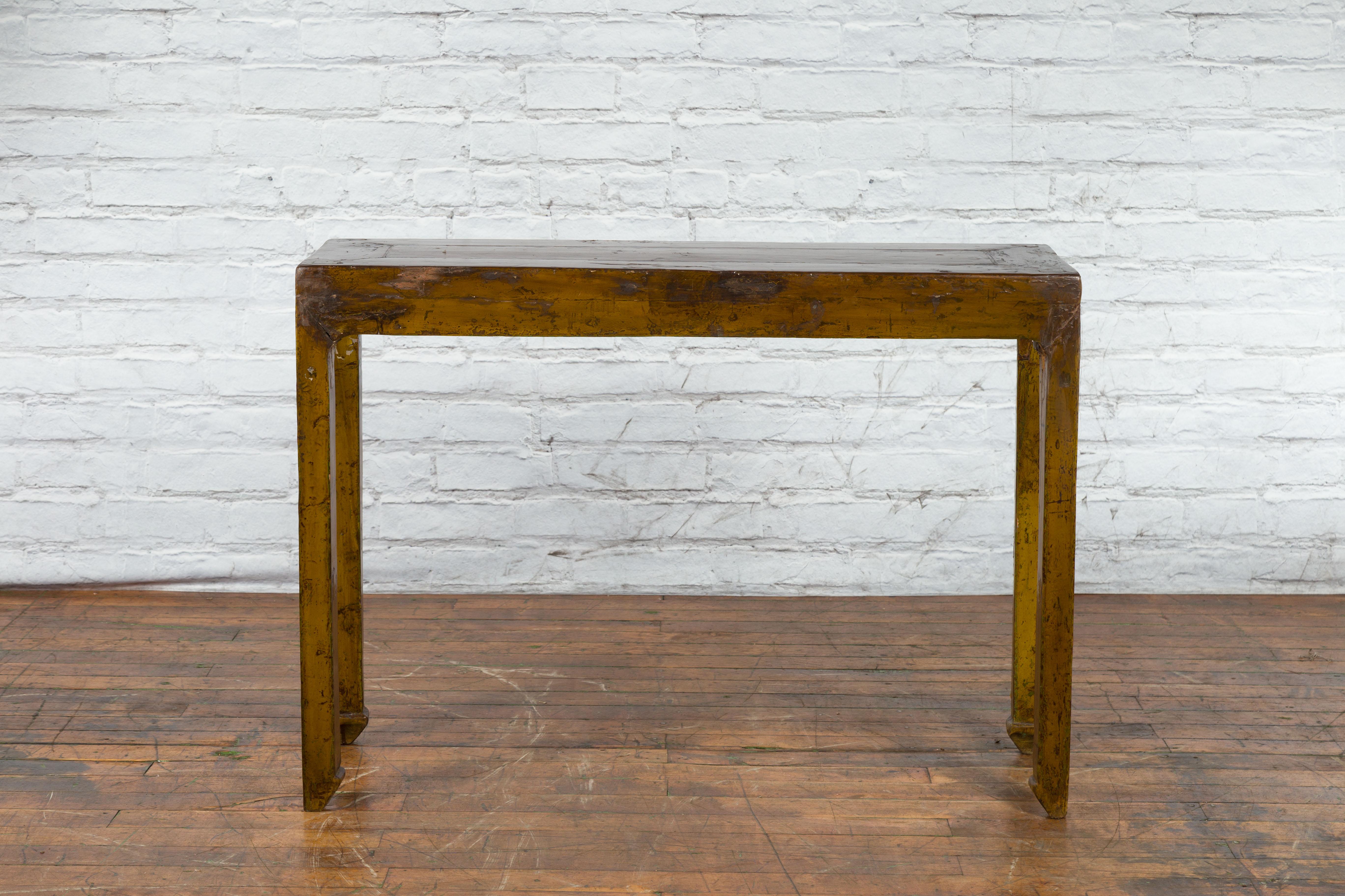 Lacquered Qing Dynasty Chinese 19th Century Distressed Brown Lacquer Console Table For Sale