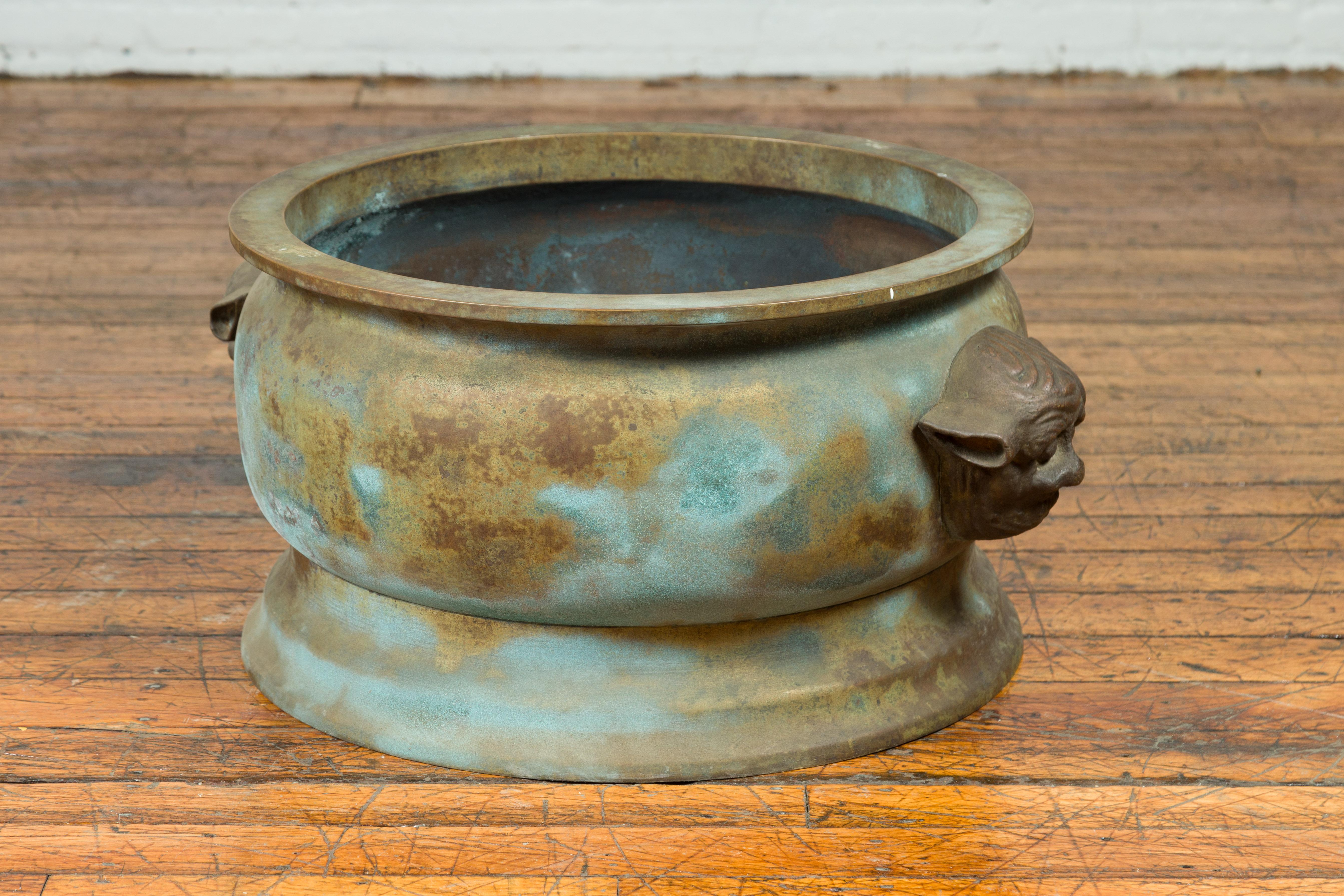 Qing Dynasty Chinese Bronze Oversized Planter with Calligraphy and Handles For Sale 8