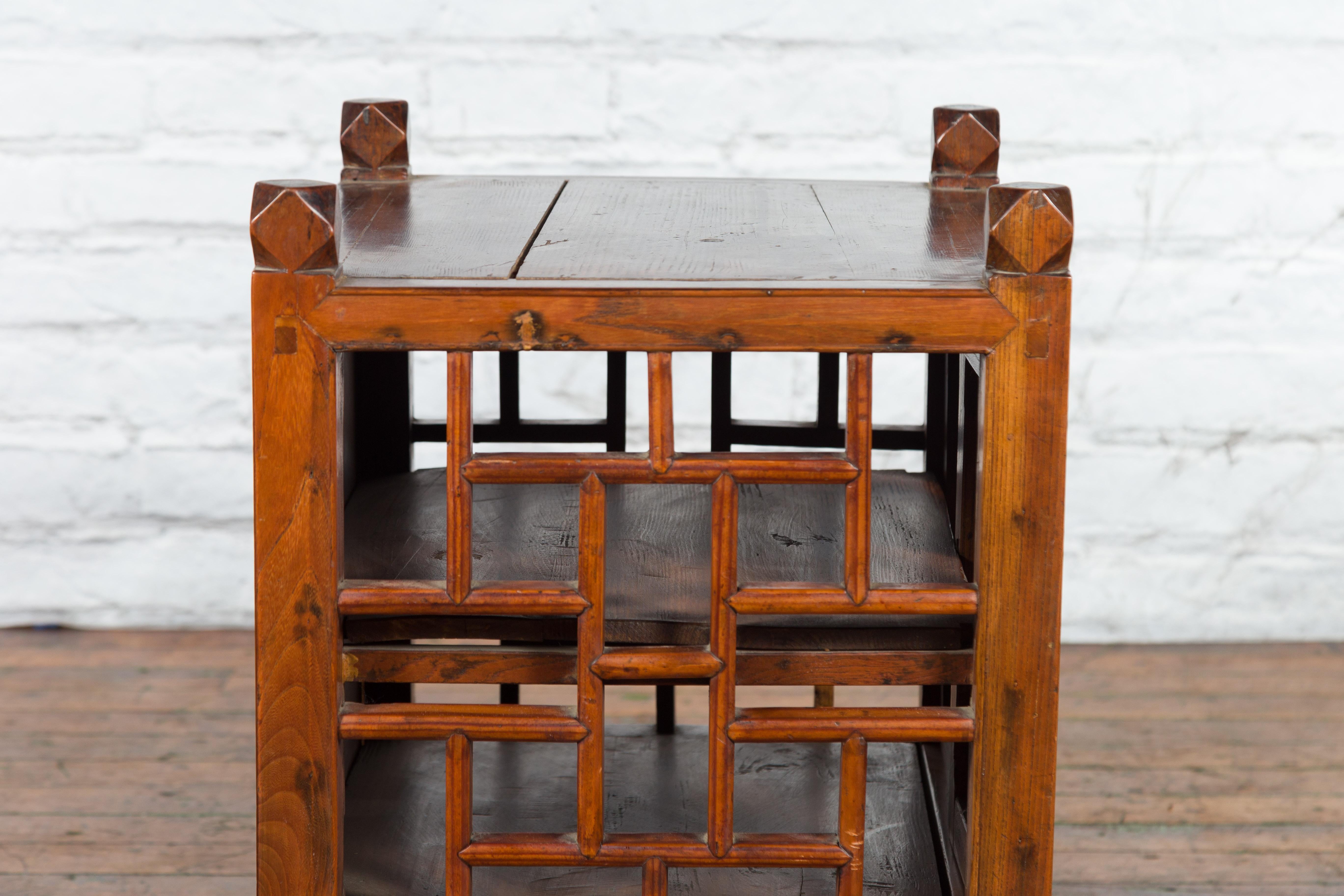 Qing Dynasty Chinese Brown Lacquered Bedside Cabinet with Fretwork Motifs 7