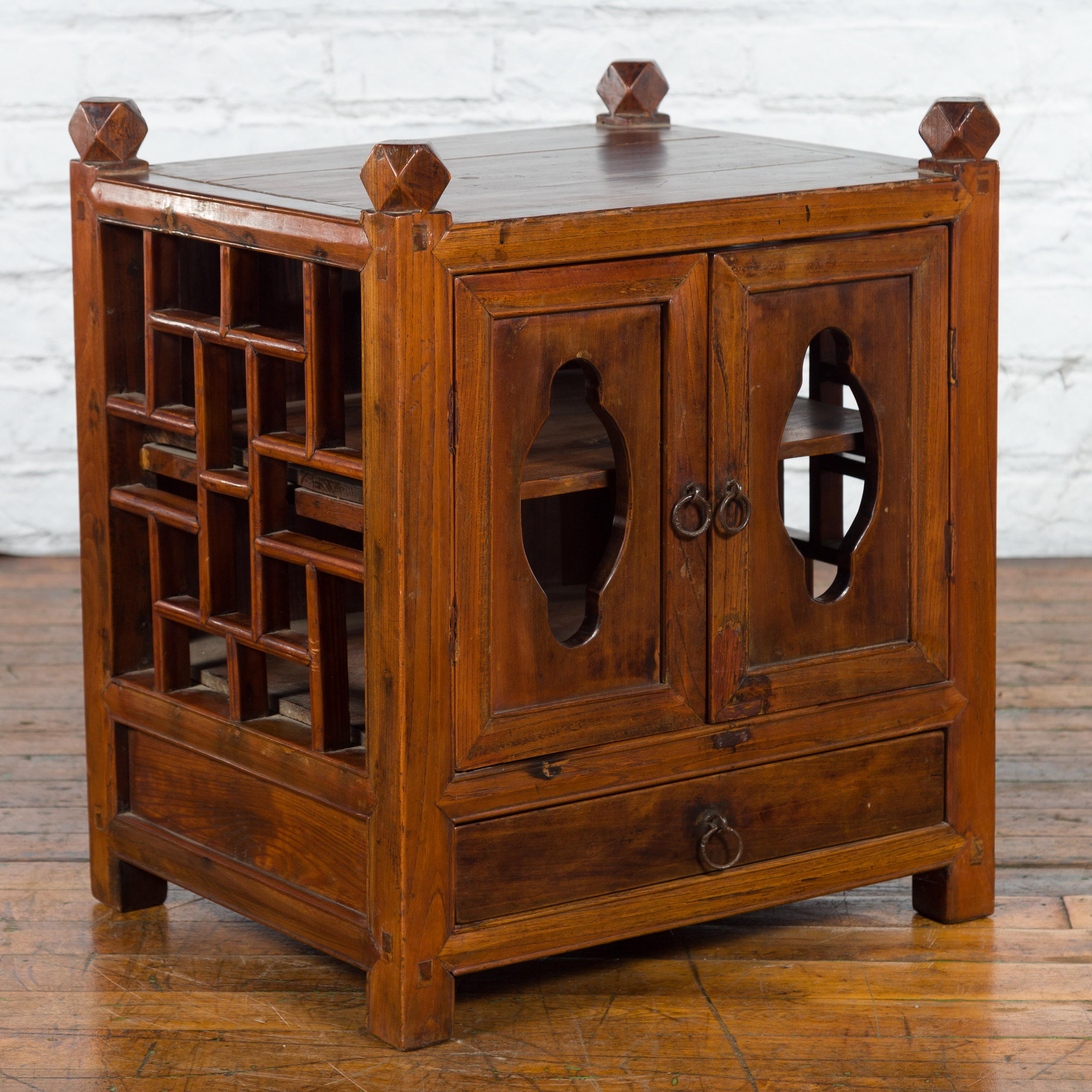 19th Century Qing Dynasty Chinese Brown Lacquered Bedside Cabinet with Fretwork Motifs