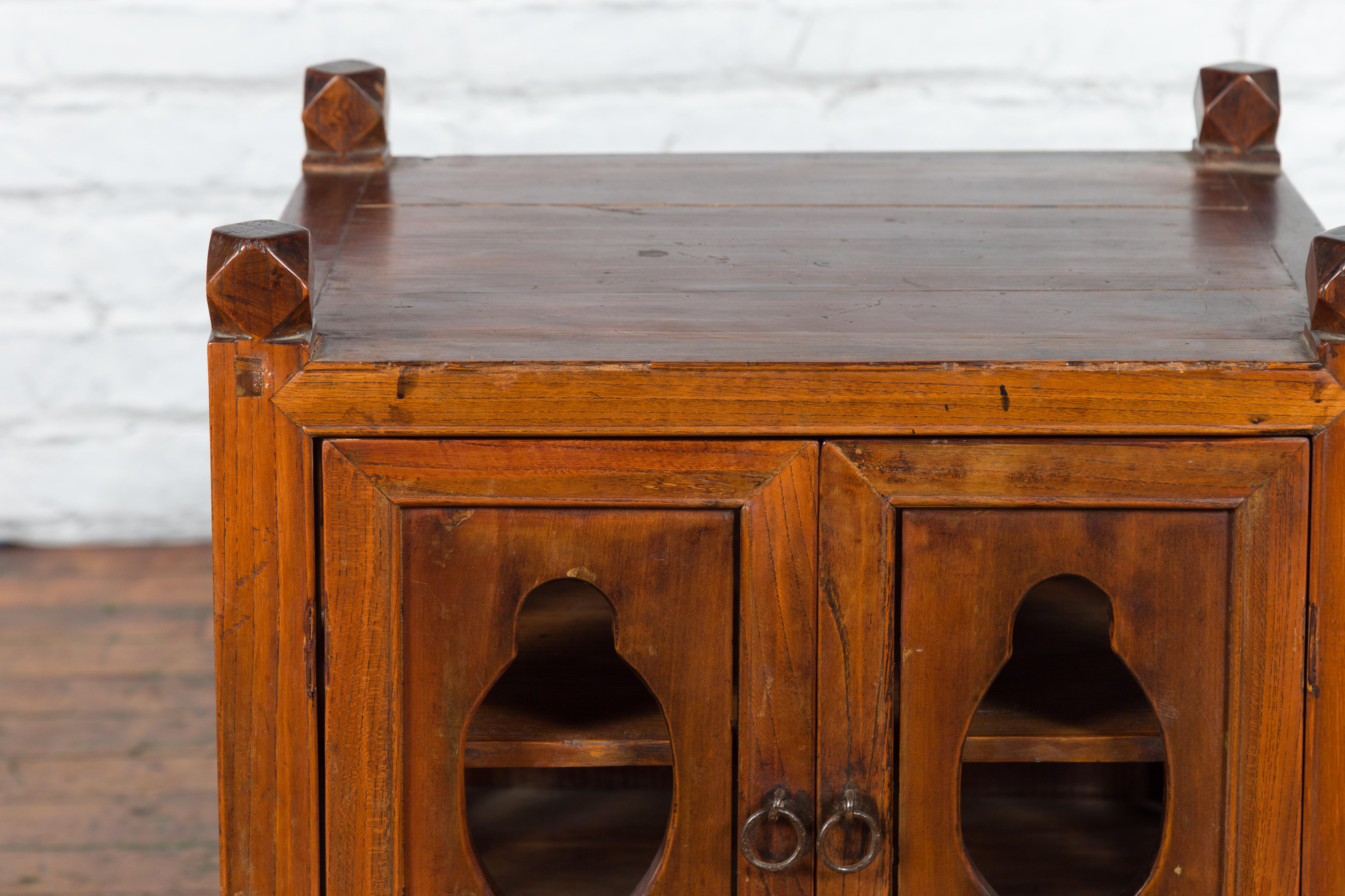 Wood Qing Dynasty Chinese Brown Lacquered Bedside Cabinet with Fretwork Motifs