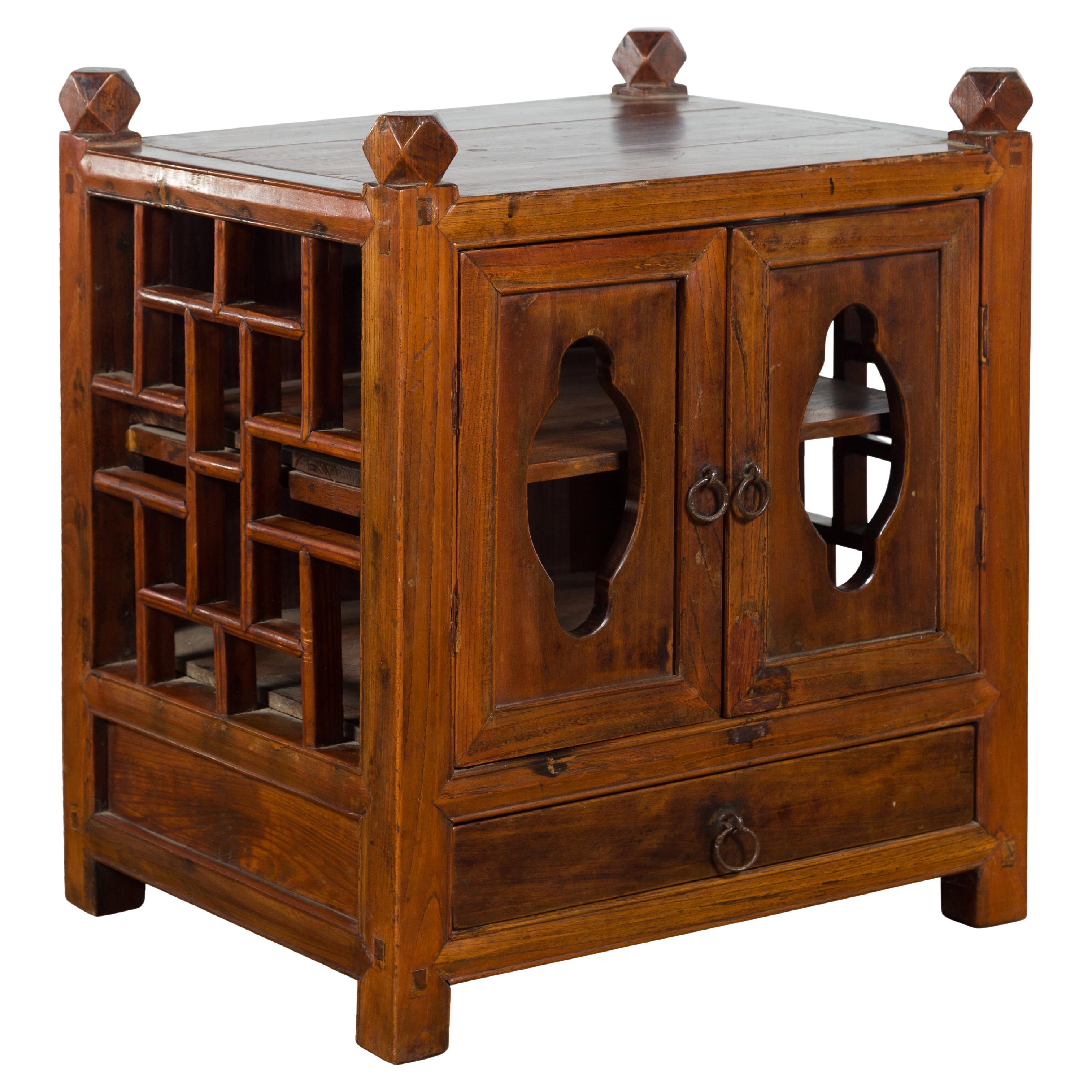 Qing Dynasty Chinese Brown Lacquered Bedside Cabinet with Fretwork Motifs