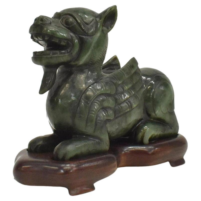 Qing Dynasty Chinese Carved Green Jade Chilong Dragon Sculpture For Sale