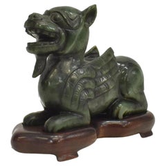 Antique Qing Dynasty Chinese Carved Green Jade Chilong Dragon Sculpture