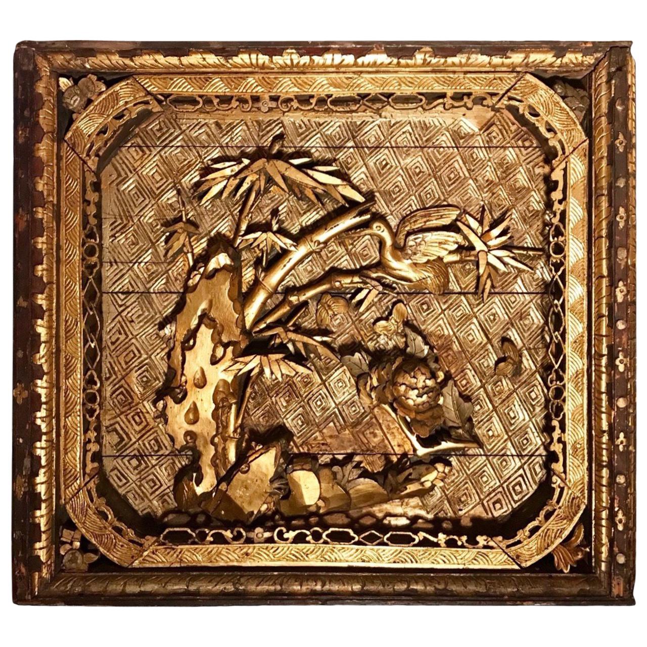 Qing Dynasty Chinese Carved Monumental Giltwood 1 of 2 Temple Wall Panel