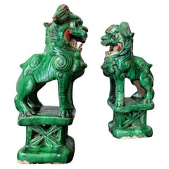 Antique Qing Dynasty Chinese Ceramic Foo Dog Lions Incense Holders, a Pair