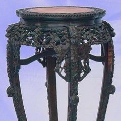 Qing Dynasty Chinese Dragon Carved Wood and Marble Jardiniere Stand