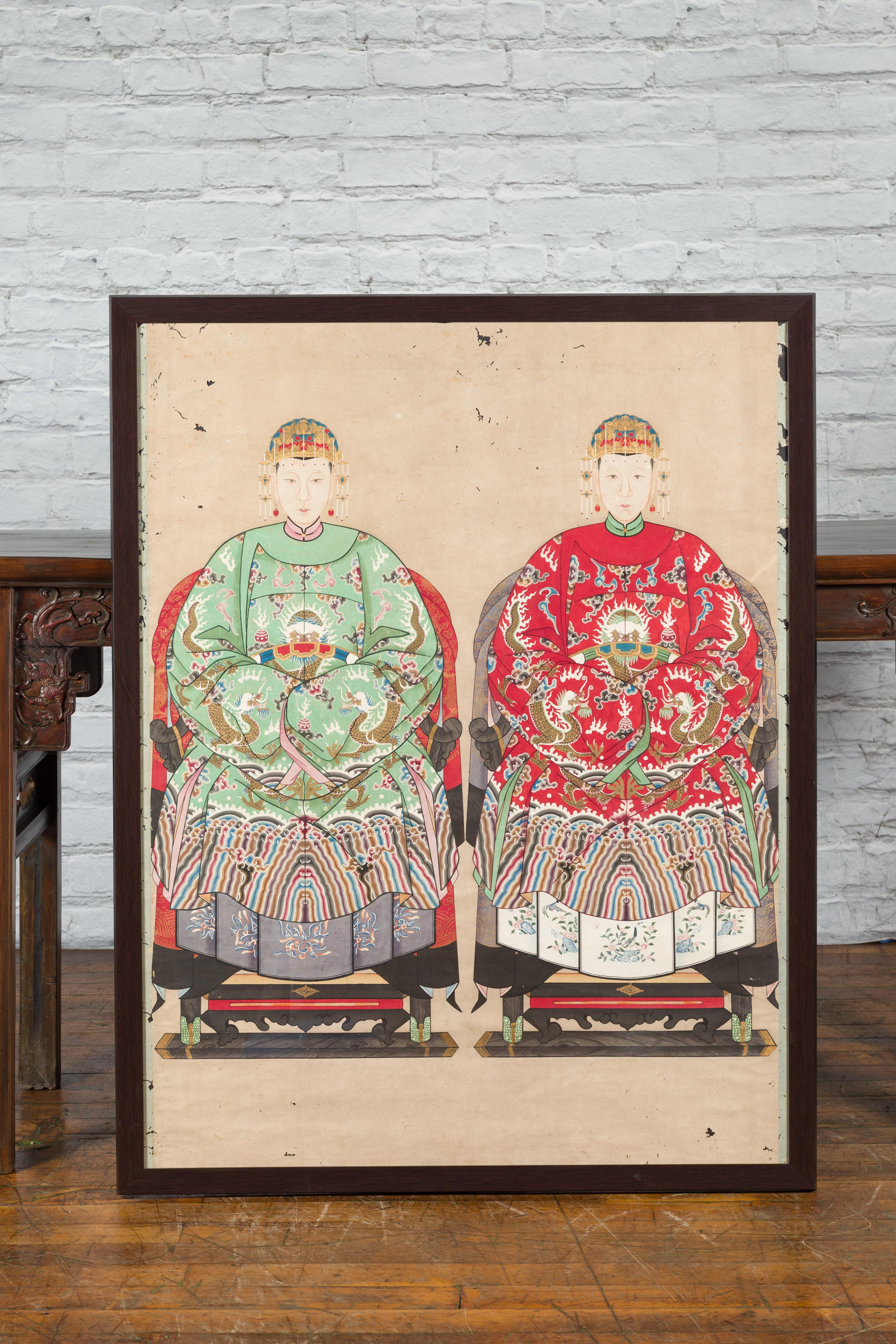 Hand-Painted Qing Dynasty Chinese Painting of a Royalty Related Couple with Dragon Motifs For Sale