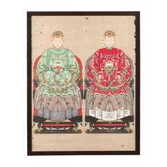 Qing Dynasty Chinese Painting of a Royalty Related Couple with Dragon Motifs