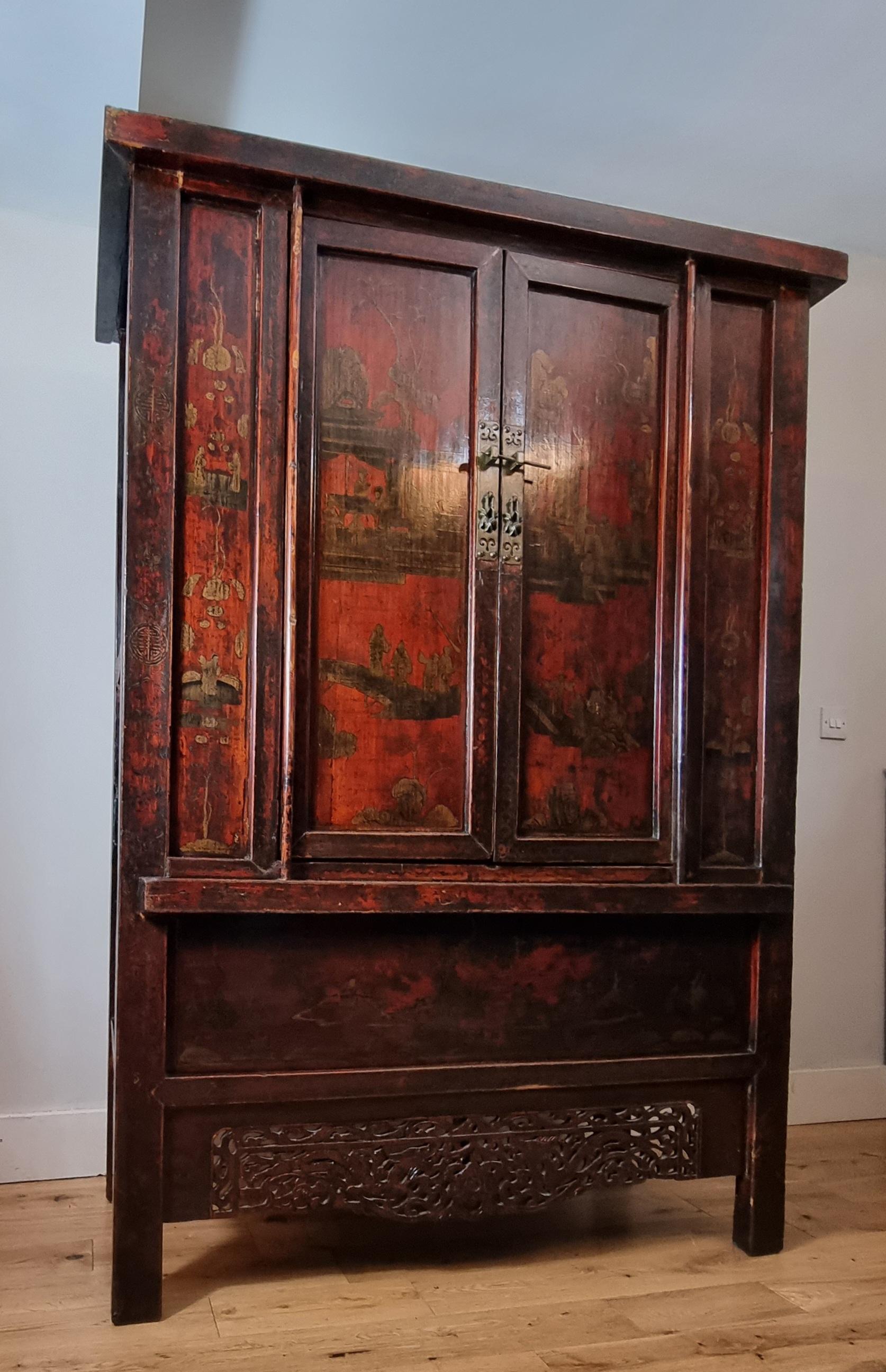 Chinese Export Qing Dynasty Chinese Red Lacquered Cabinet - Shanxi Province For Sale