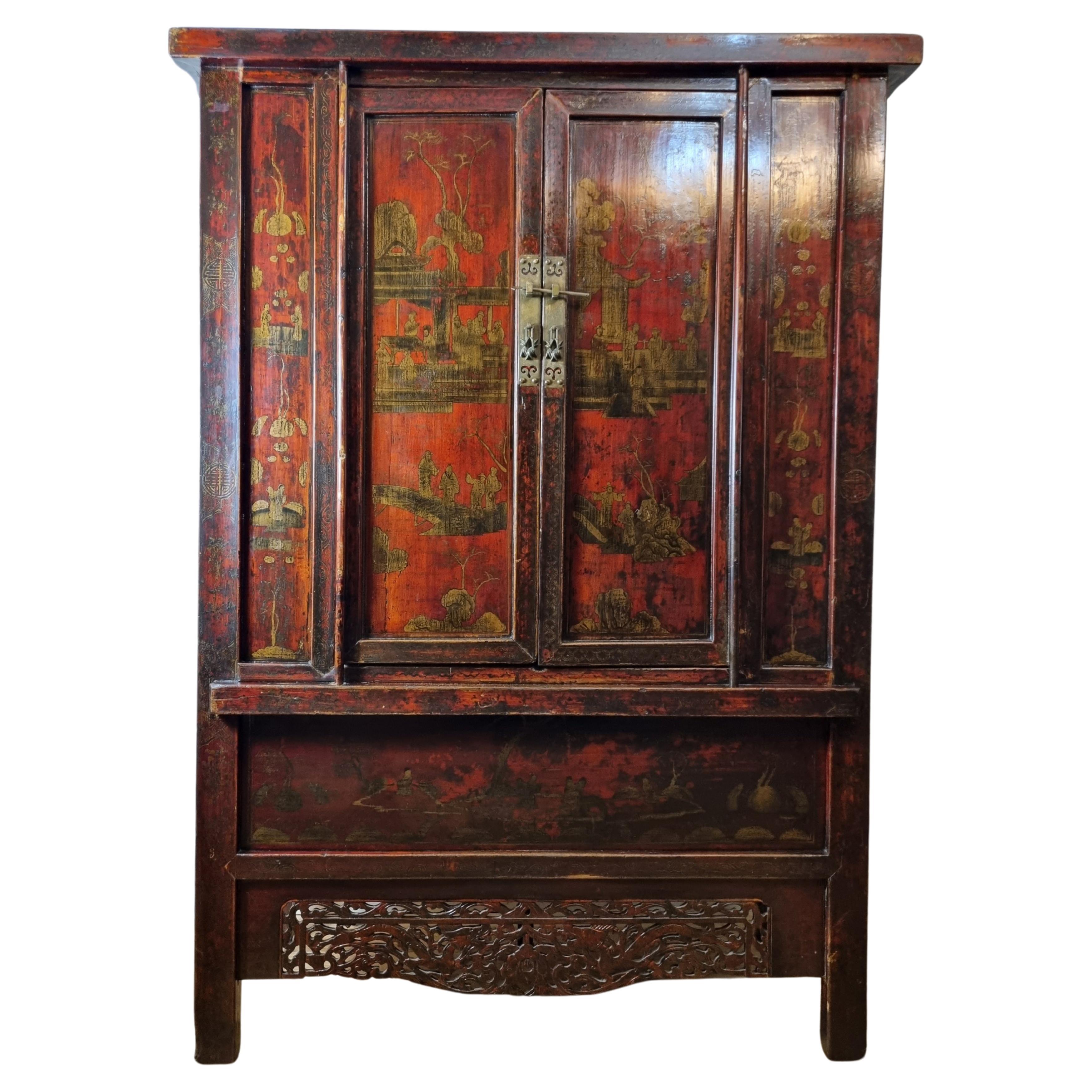 Qing Dynasty Chinese Red Lacquered Cabinet - Shanxi Province For Sale