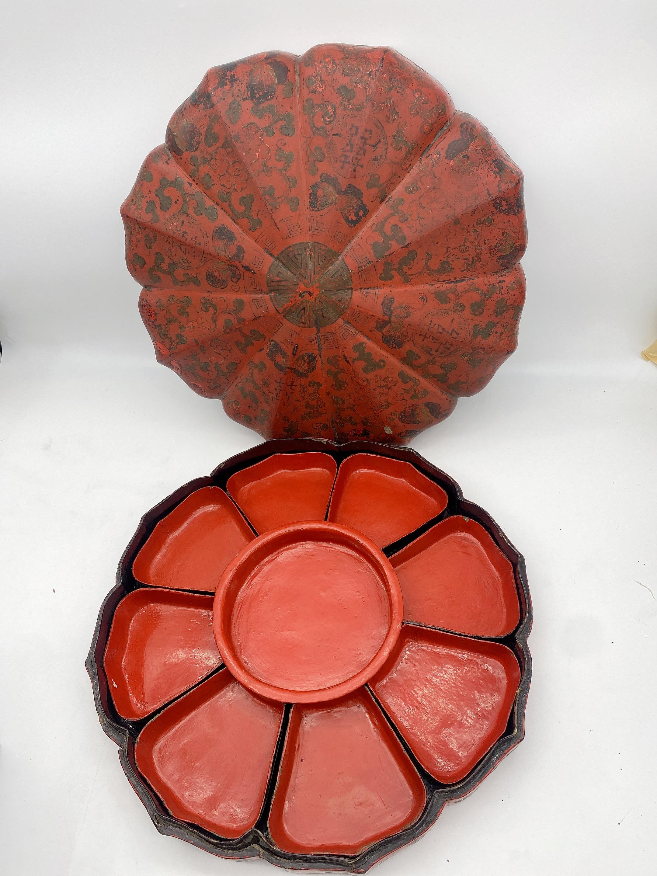 Qing Dynasty Chinese wooden red lacquered presentation box, lovely and beautiful red lacquer box with popular snacks like roasted melon seeds, dried fruit, this auspicious objects are surrounded by double happiness, butterflies, clouds and plum