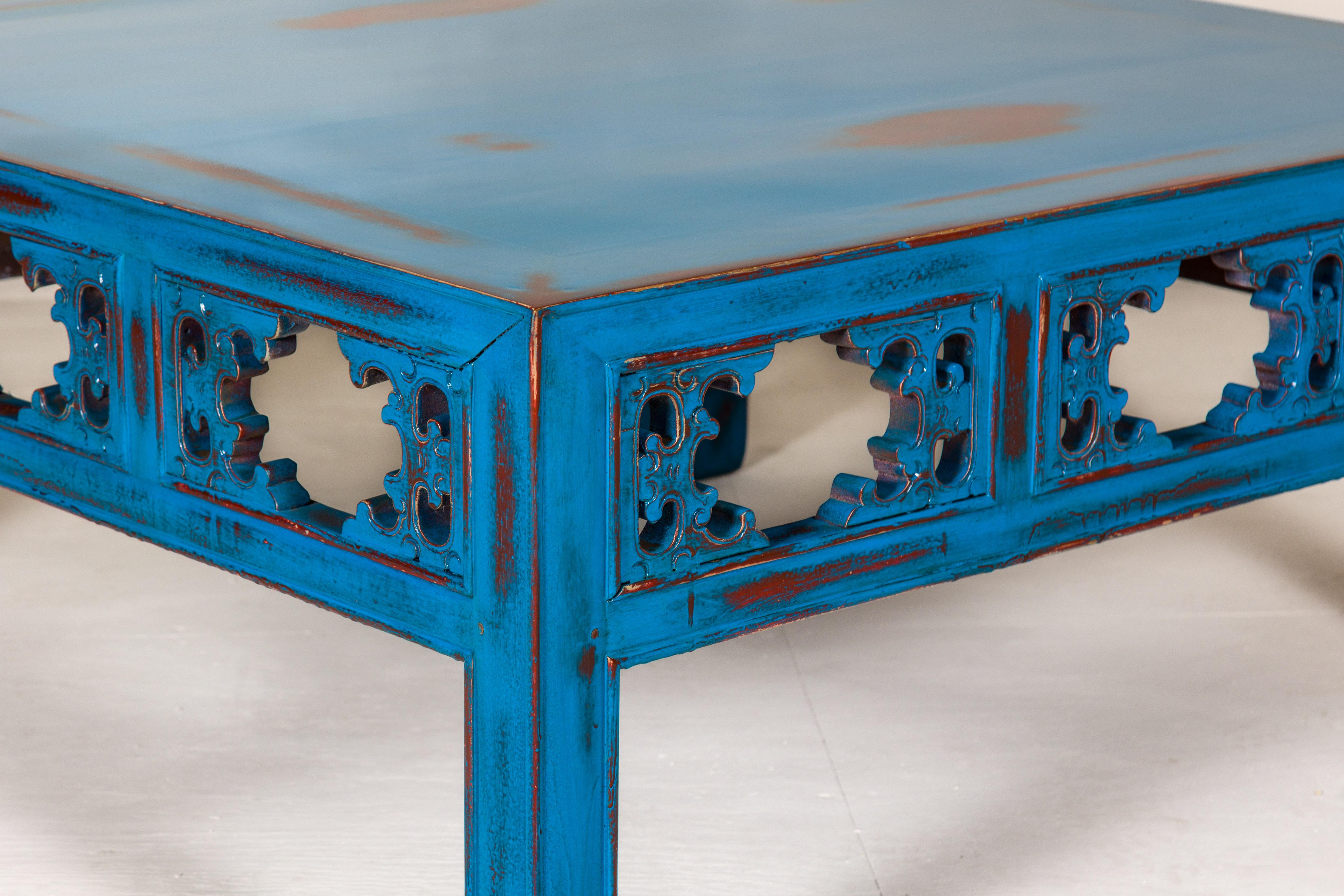 Qing Dynasty Coffee Table Custom Lacquered with a Distressed Blue Finish For Sale 3