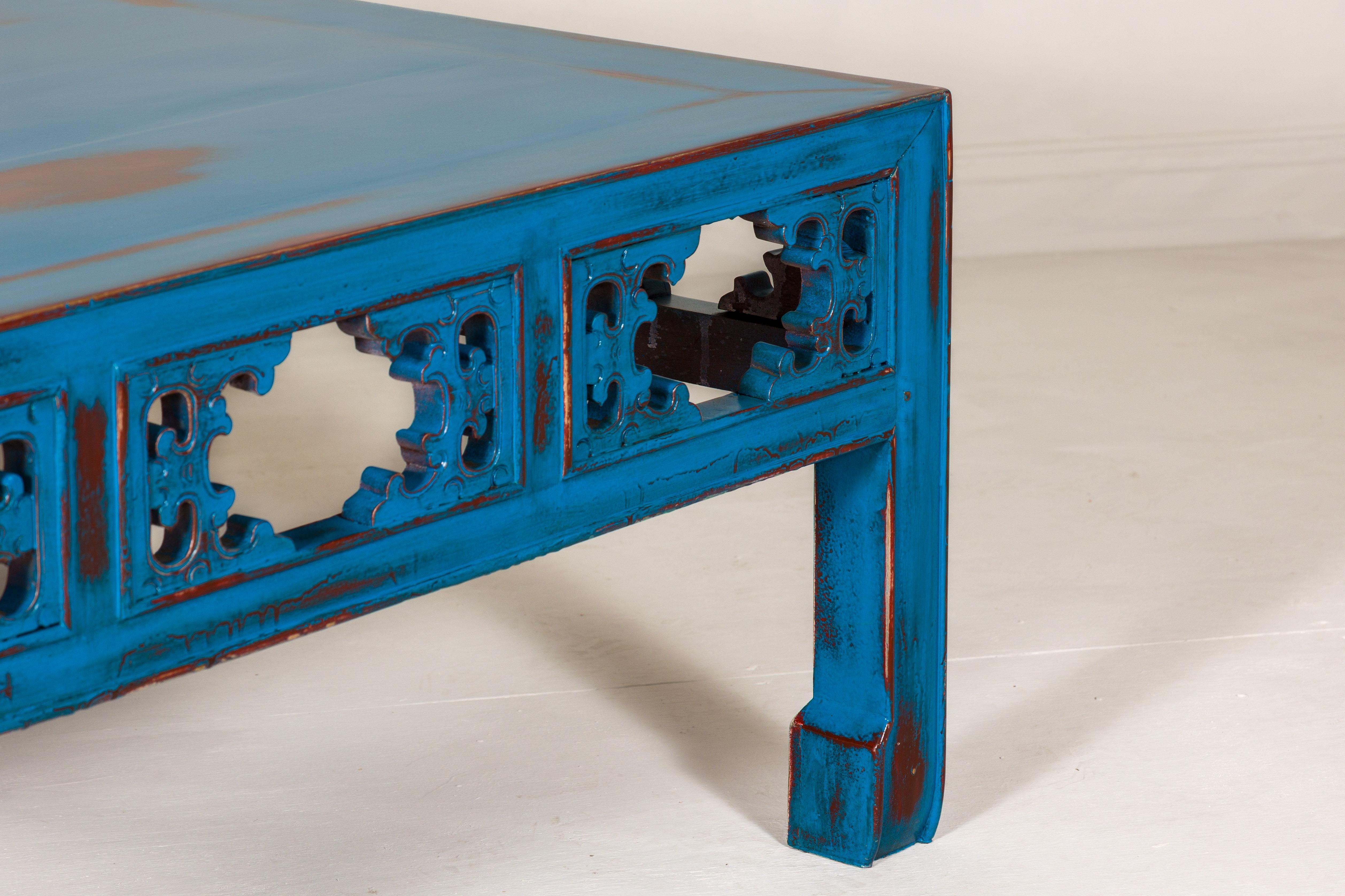 Qing Dynasty Coffee Table Custom Lacquered with a Distressed Blue Finish For Sale 4