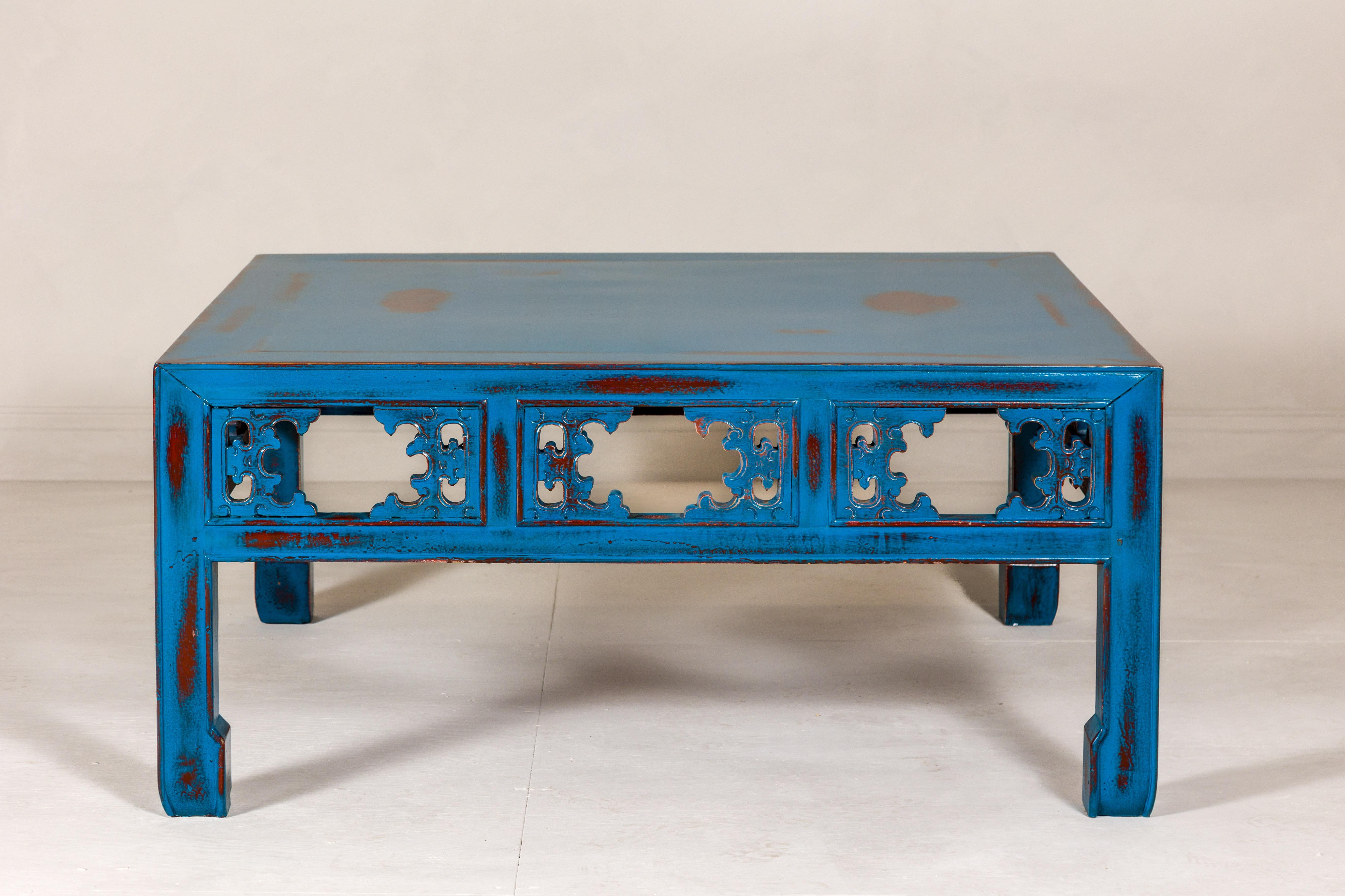 Qing Dynasty Coffee Table Custom Lacquered with a Distressed Blue Finish 5