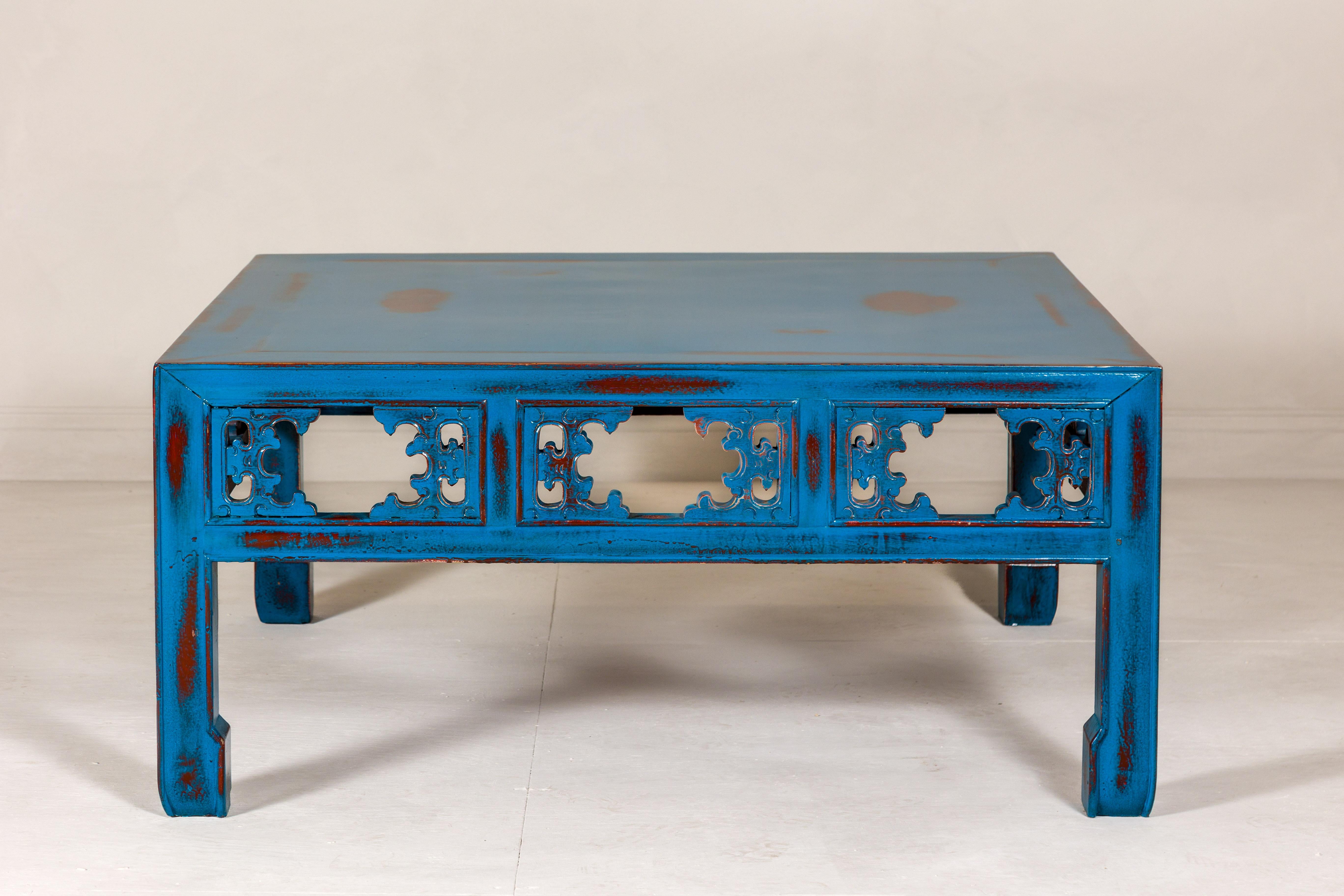 Qing Dynasty Coffee Table Custom Lacquered with a Distressed Blue Finish For Sale 5