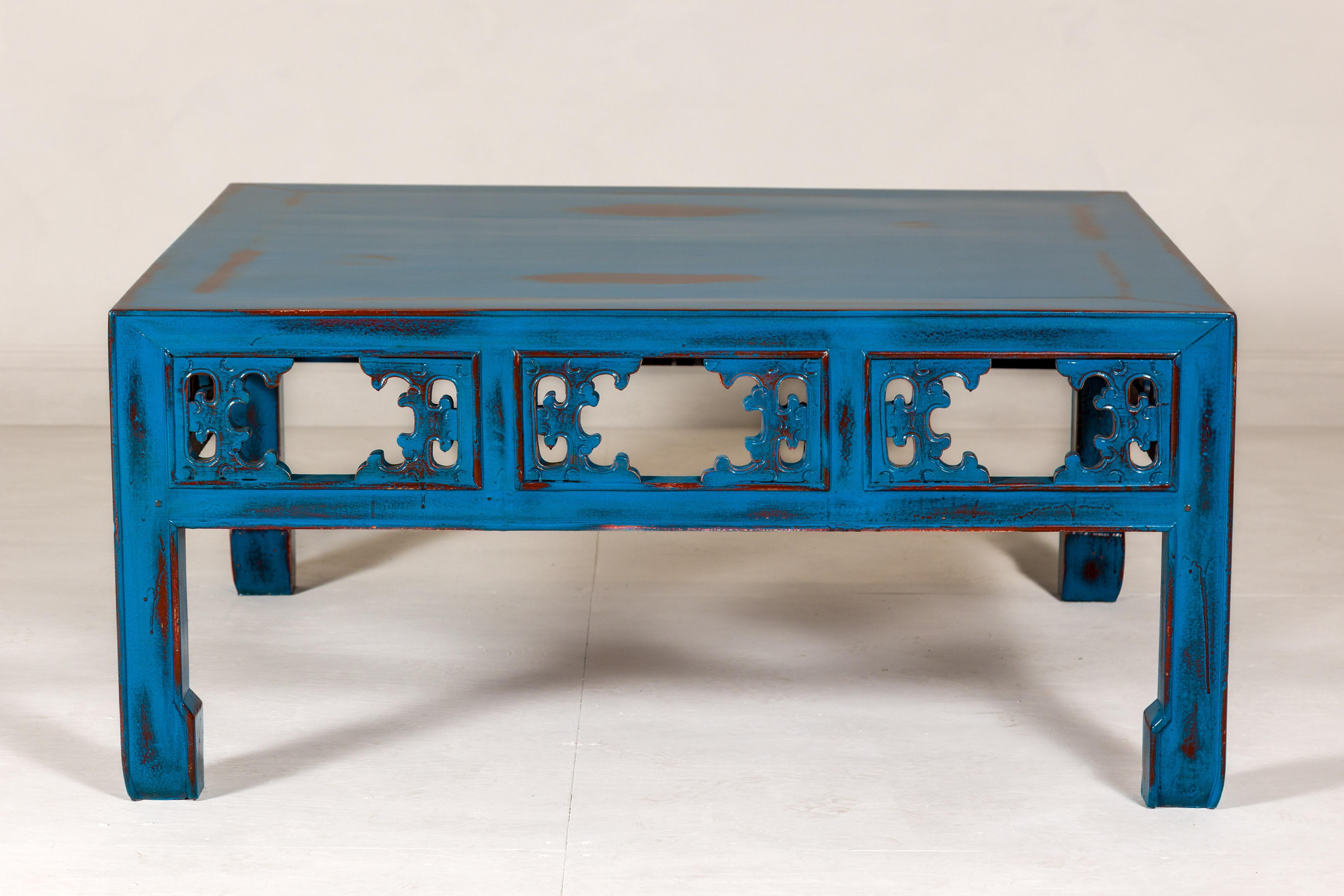 Qing Dynasty Coffee Table Custom Lacquered with a Distressed Blue Finish For Sale 6