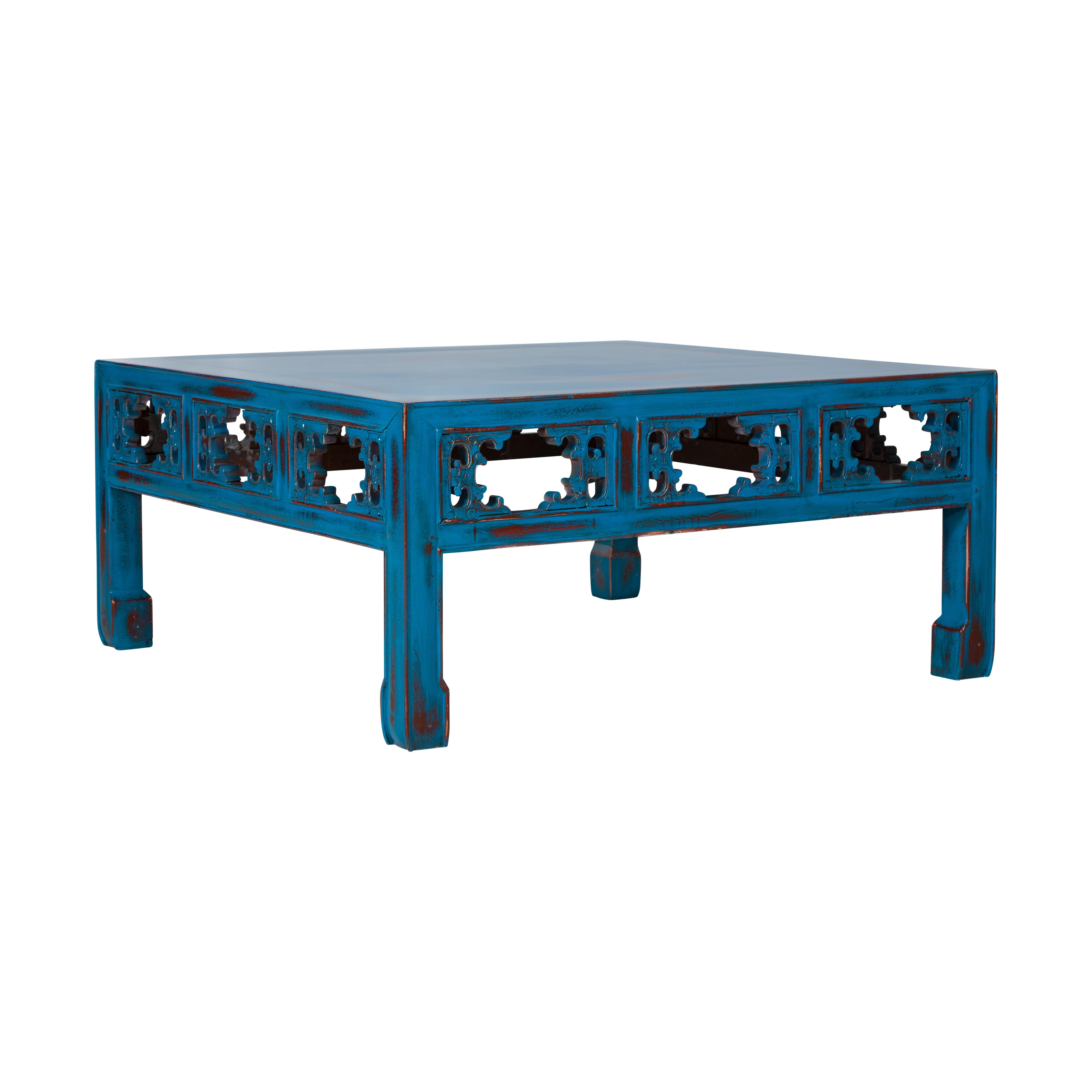 Qing Dynasty Coffee Table Custom Lacquered with a Distressed Blue Finish For Sale 7