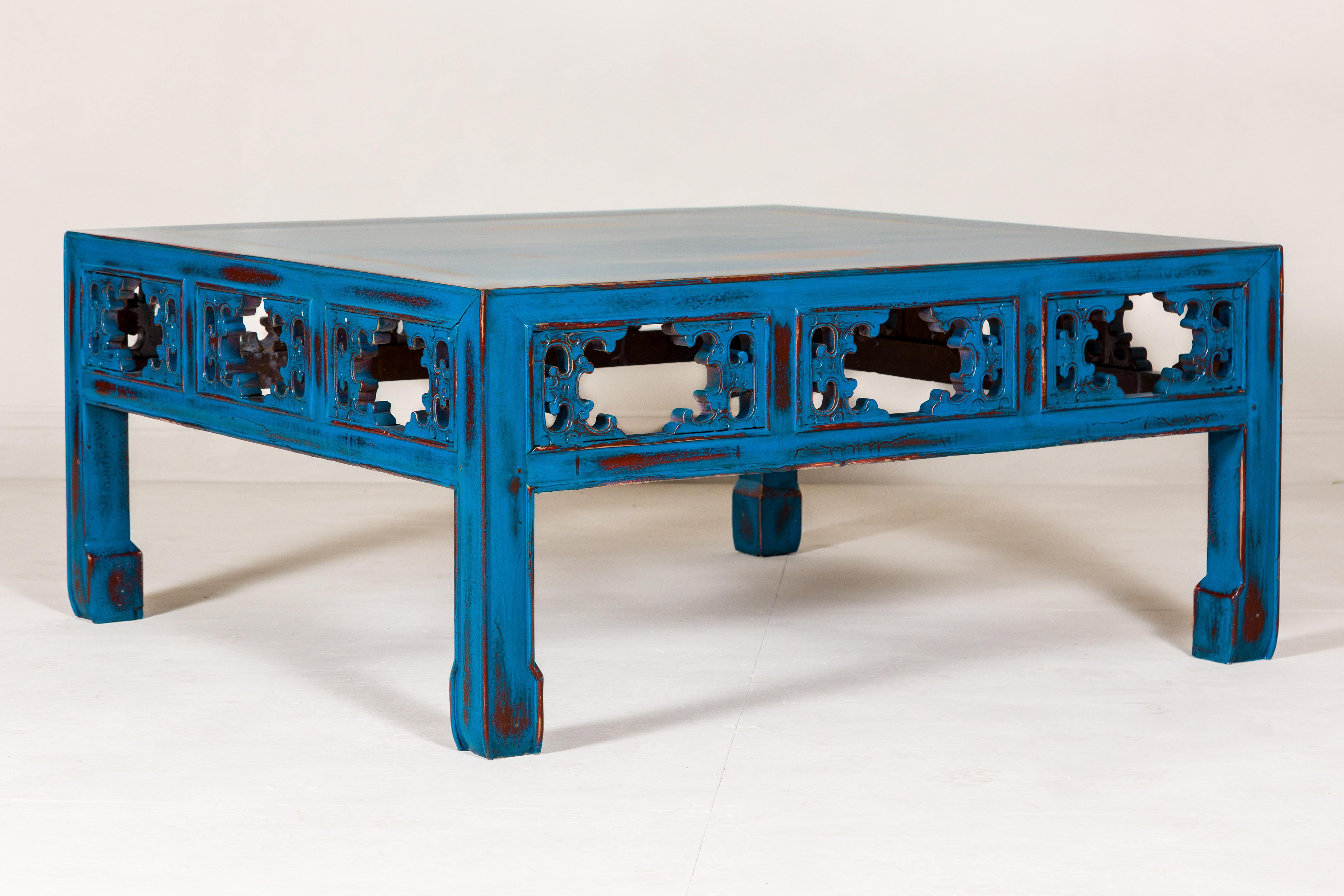 Chinese Qing Dynasty Coffee Table Custom Lacquered with a Distressed Blue Finish For Sale