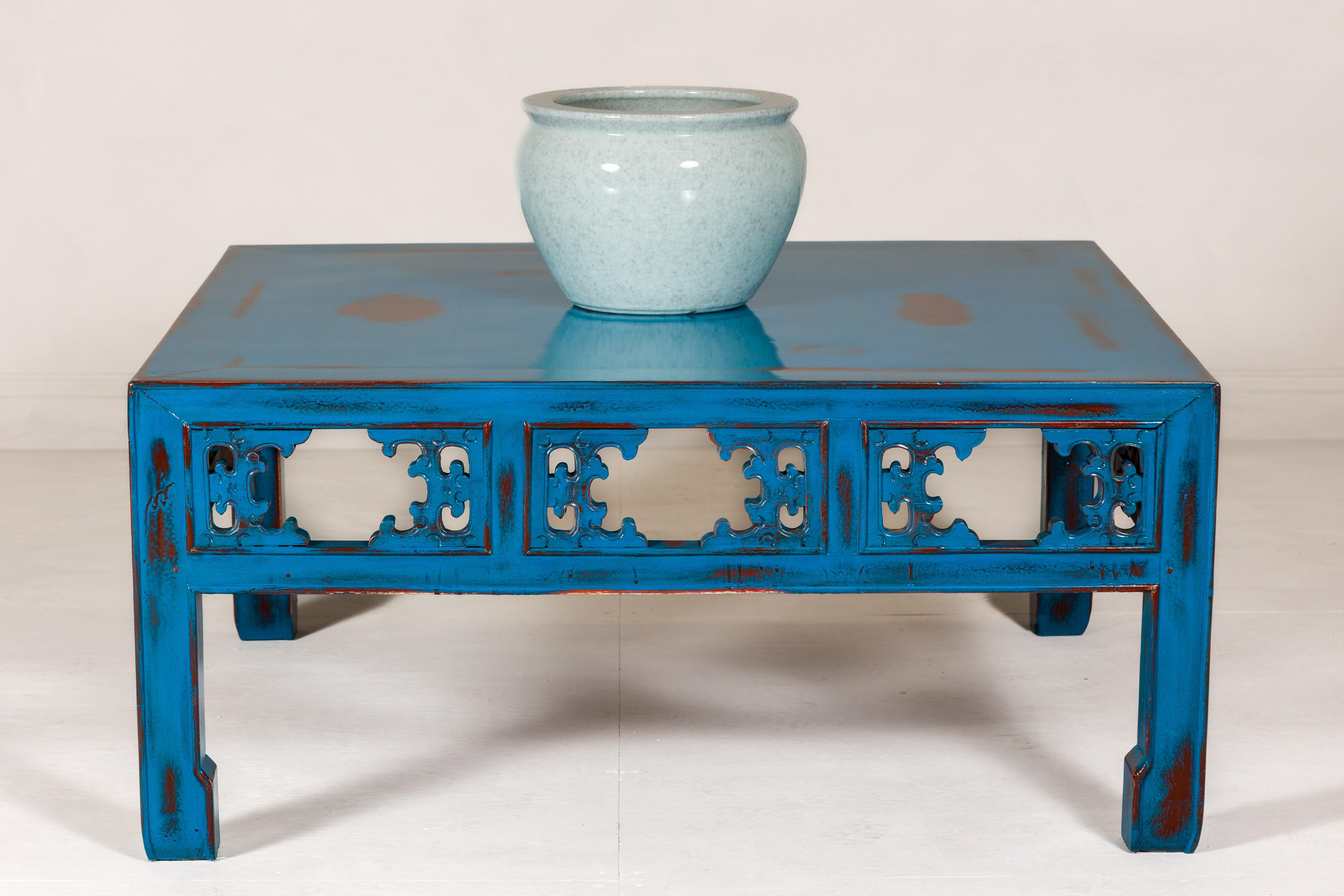 Carved Qing Dynasty Coffee Table Custom Lacquered with a Distressed Blue Finish For Sale