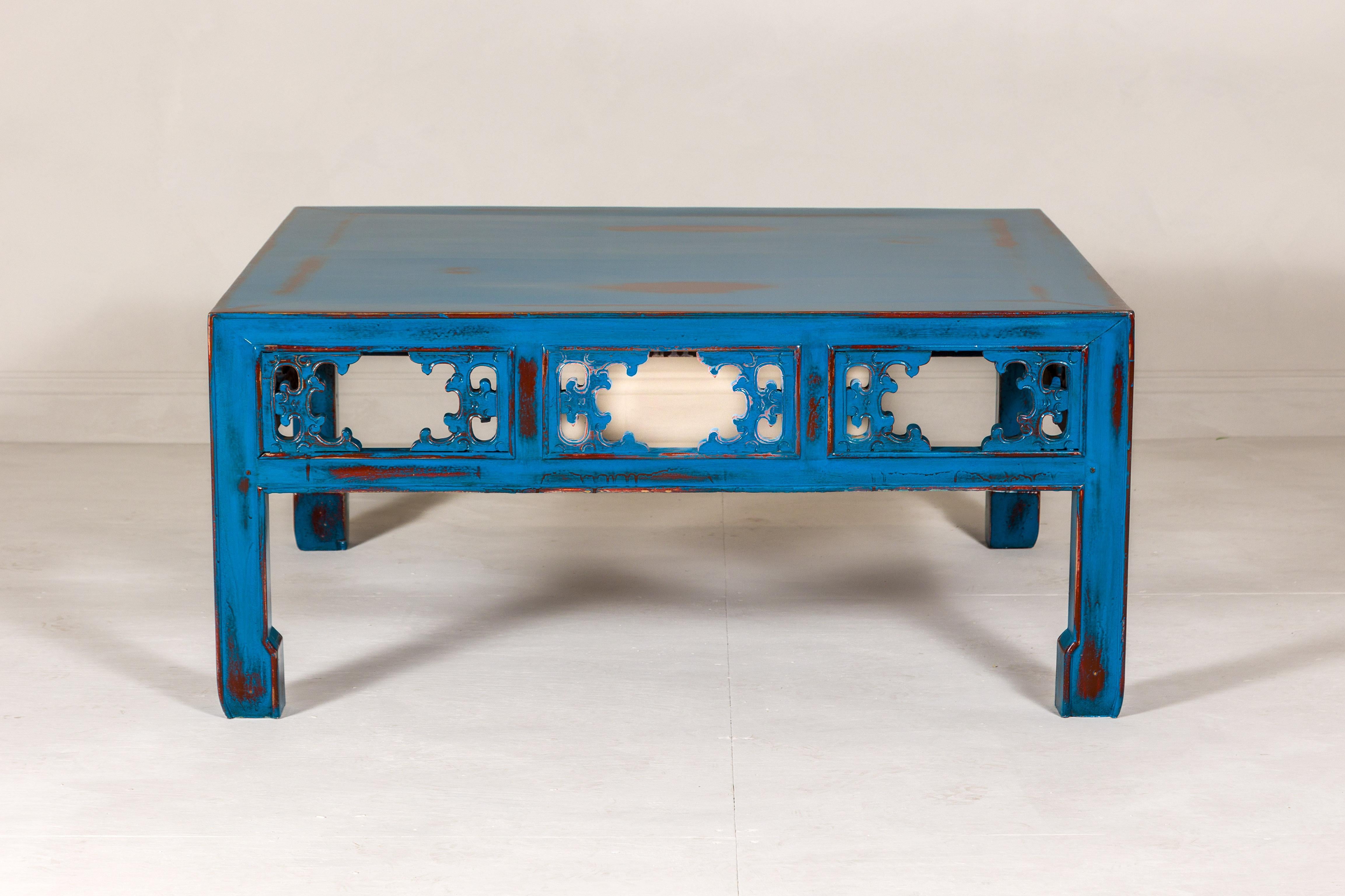 Qing Dynasty Coffee Table Custom Lacquered with a Distressed Blue Finish In Good Condition For Sale In Yonkers, NY