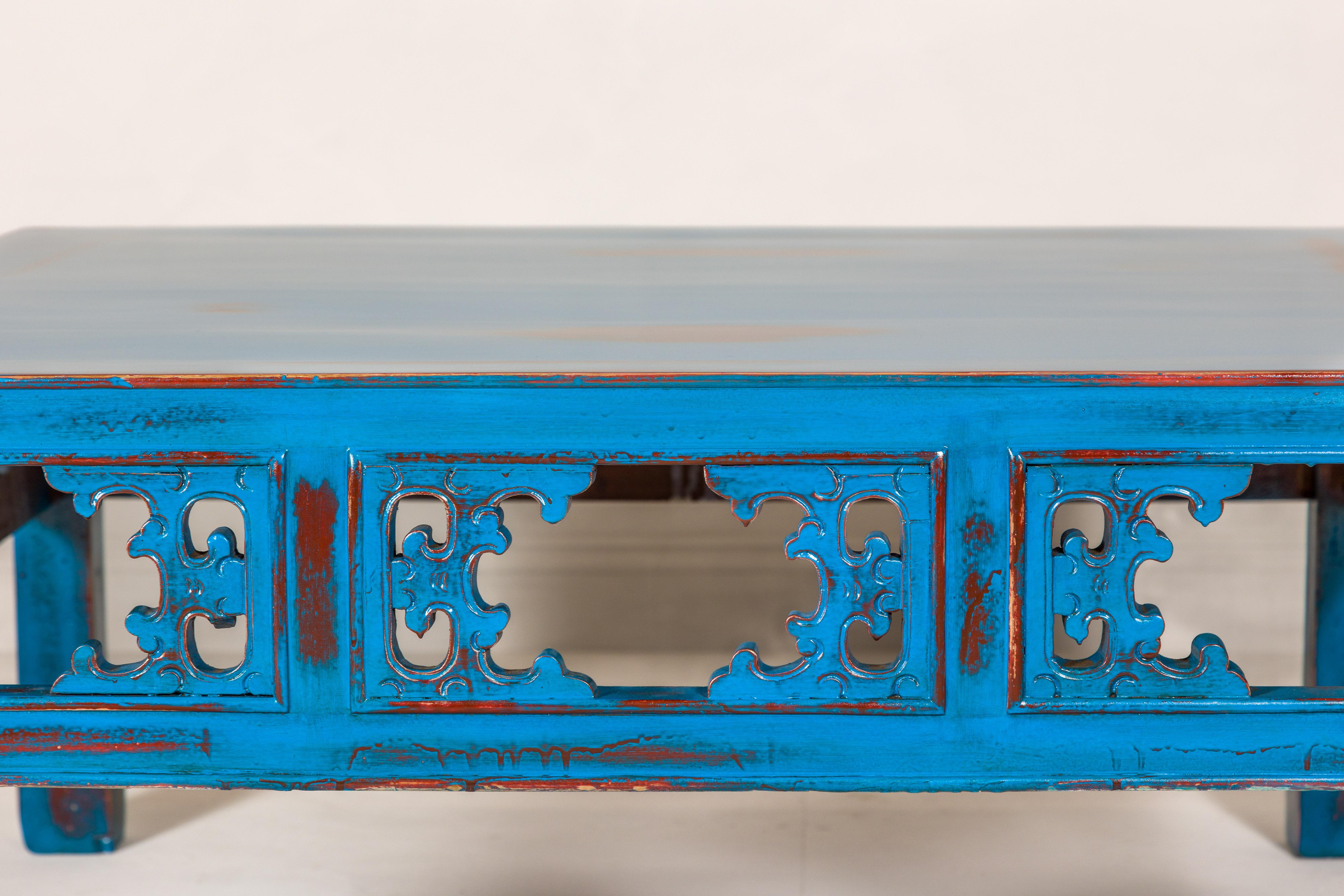 Wood Qing Dynasty Coffee Table Custom Lacquered with a Distressed Blue Finish For Sale