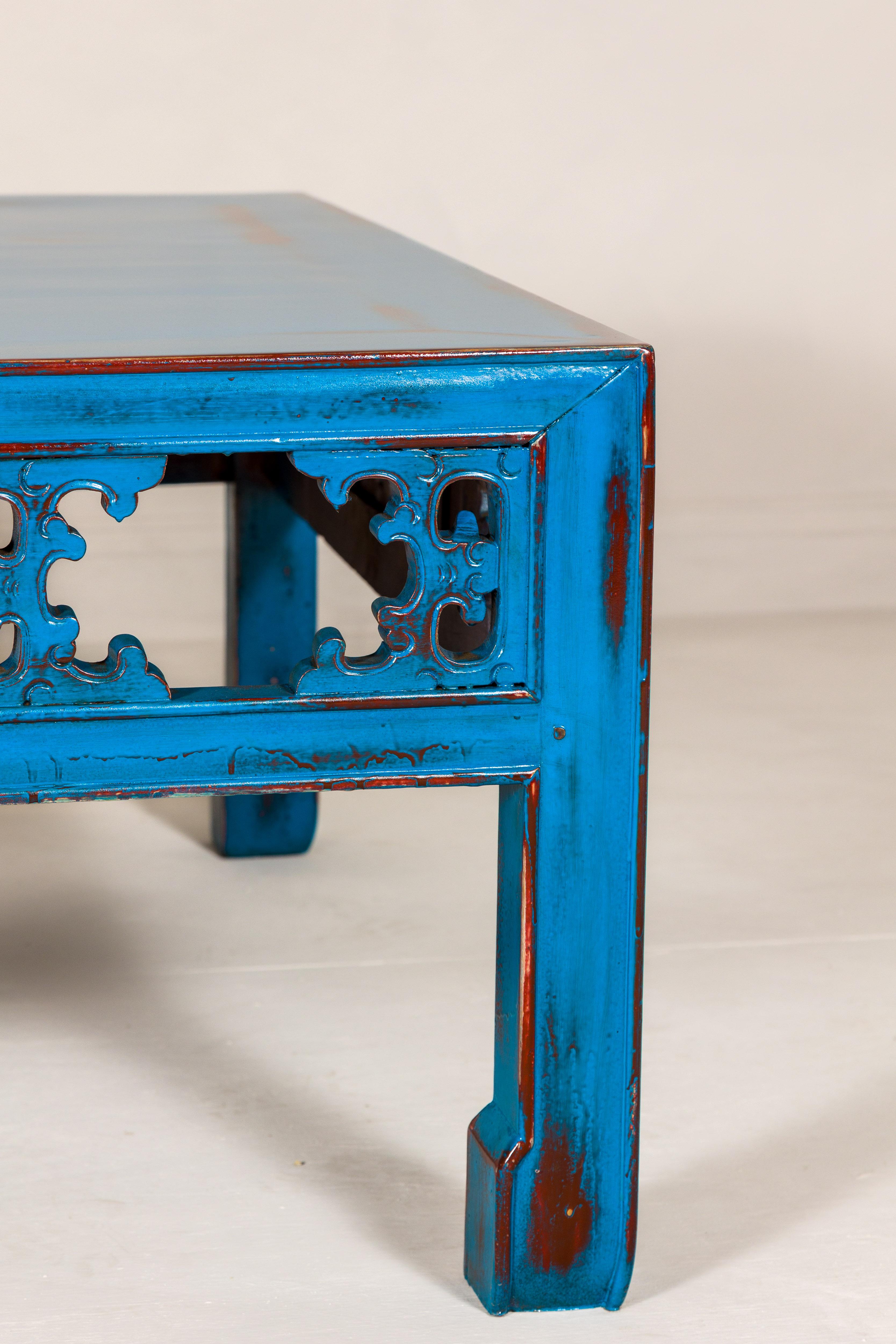 Qing Dynasty Coffee Table Custom Lacquered with a Distressed Blue Finish For Sale 1
