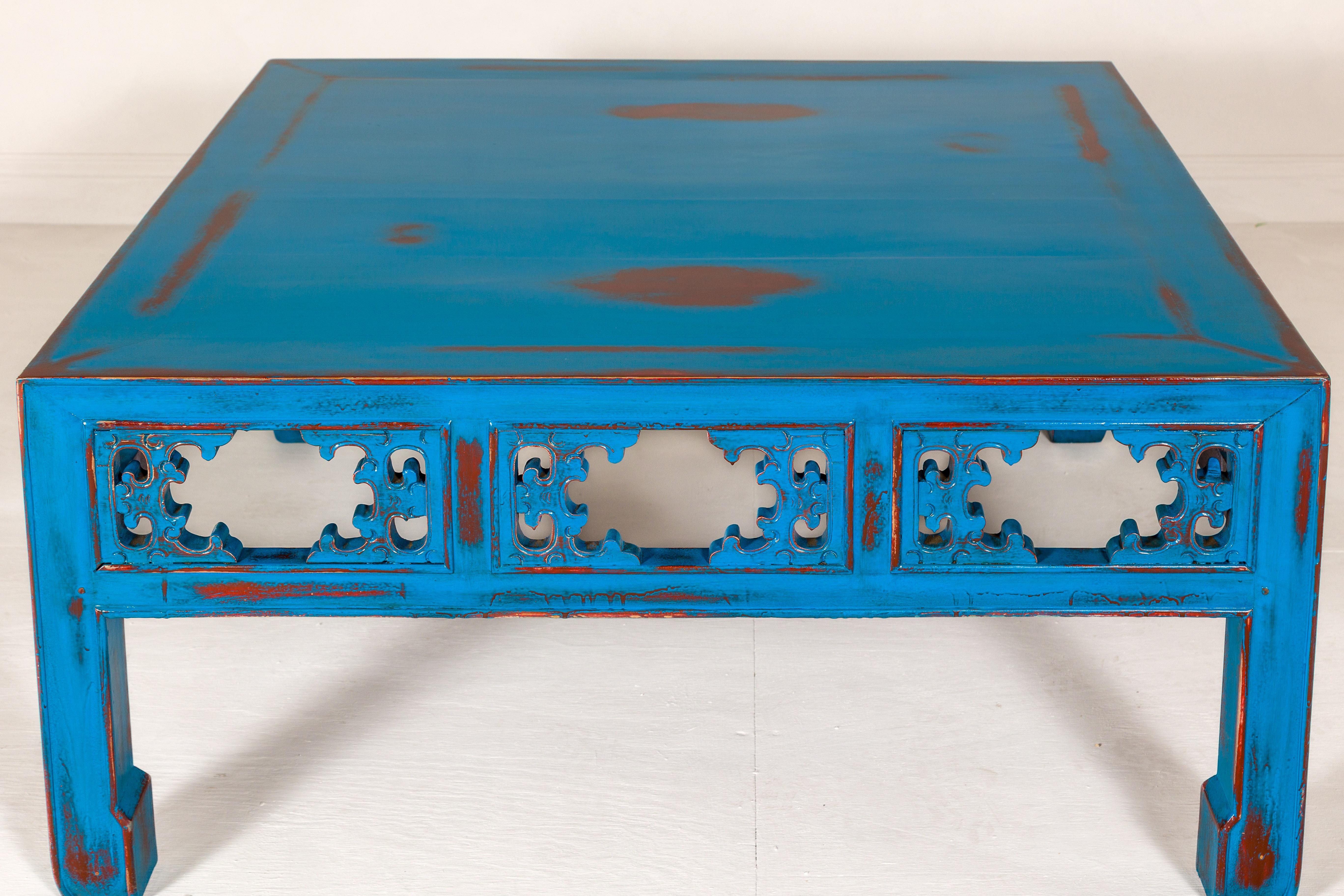 Qing Dynasty Coffee Table Custom Lacquered with a Distressed Blue Finish 2