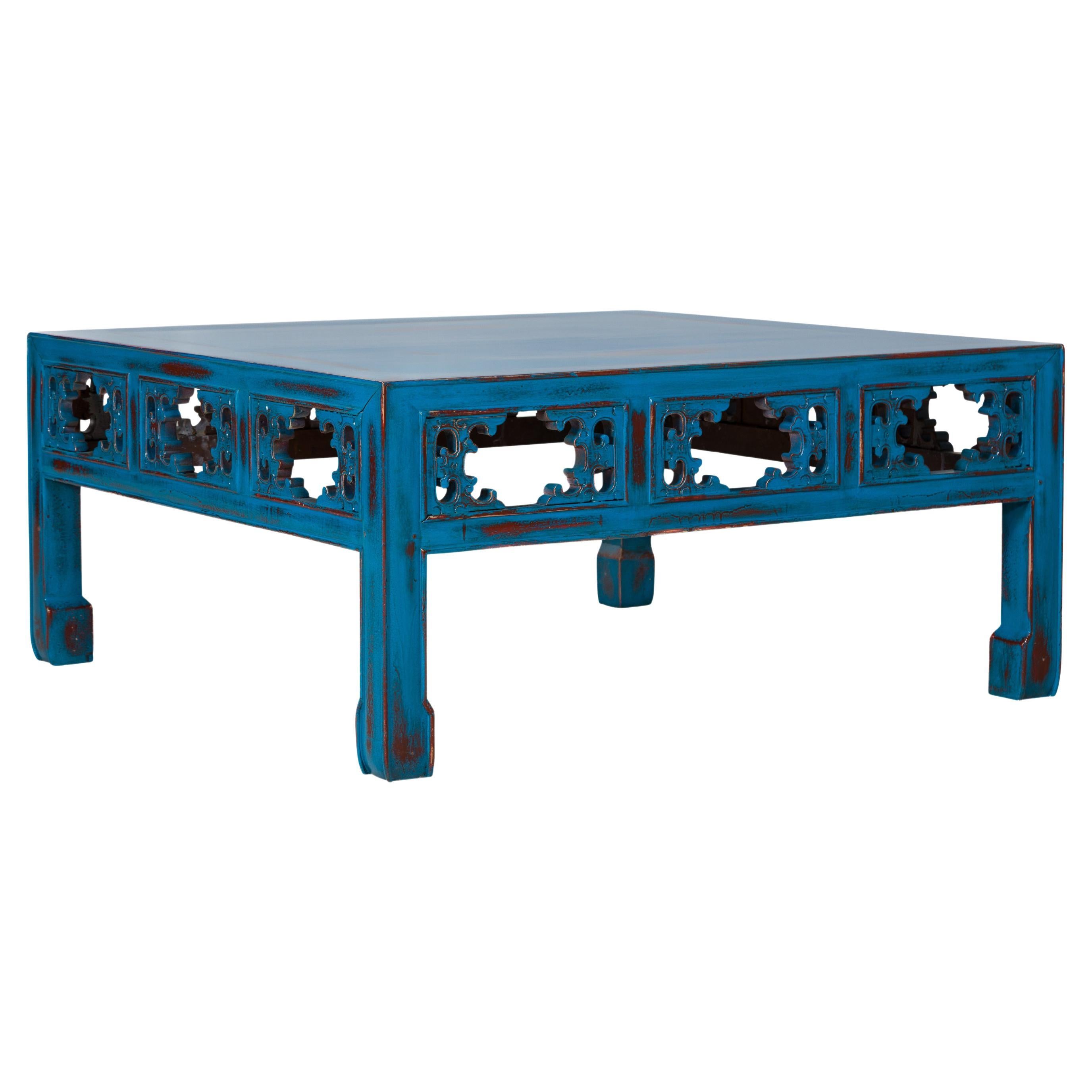 Qing Dynasty Coffee Table Custom Lacquered with a Distressed Blue Finish