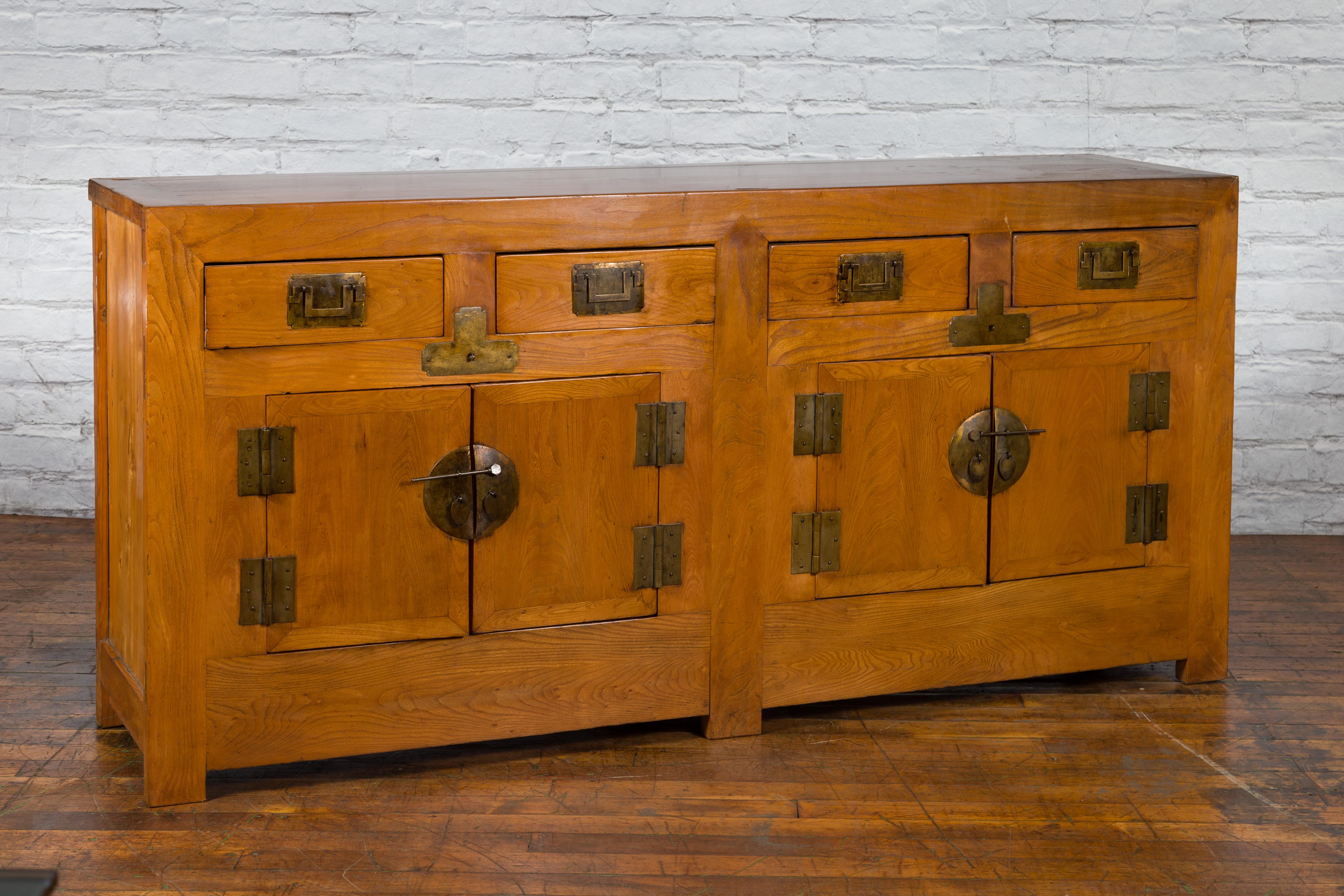 Qing Dynasty Elm Sideboard with Four Drawers over Four Doors and Natural Patina In Good Condition For Sale In Yonkers, NY