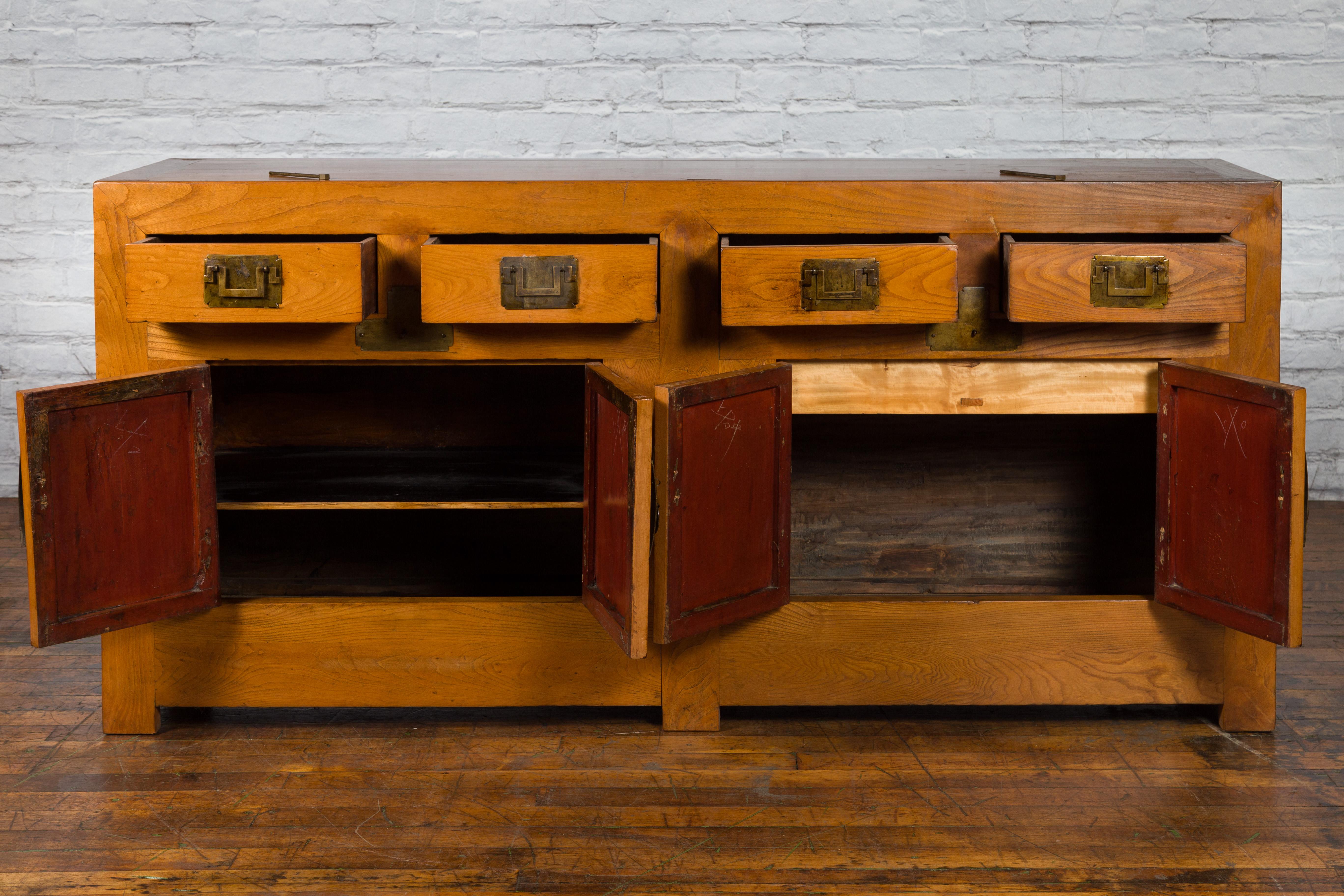 19th Century Qing Dynasty Elm Sideboard with Four Drawers over Four Doors and Natural Patina For Sale
