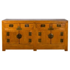 Antique Qing Dynasty Elm Sideboard with Four Drawers over Four Doors and Natural Patina