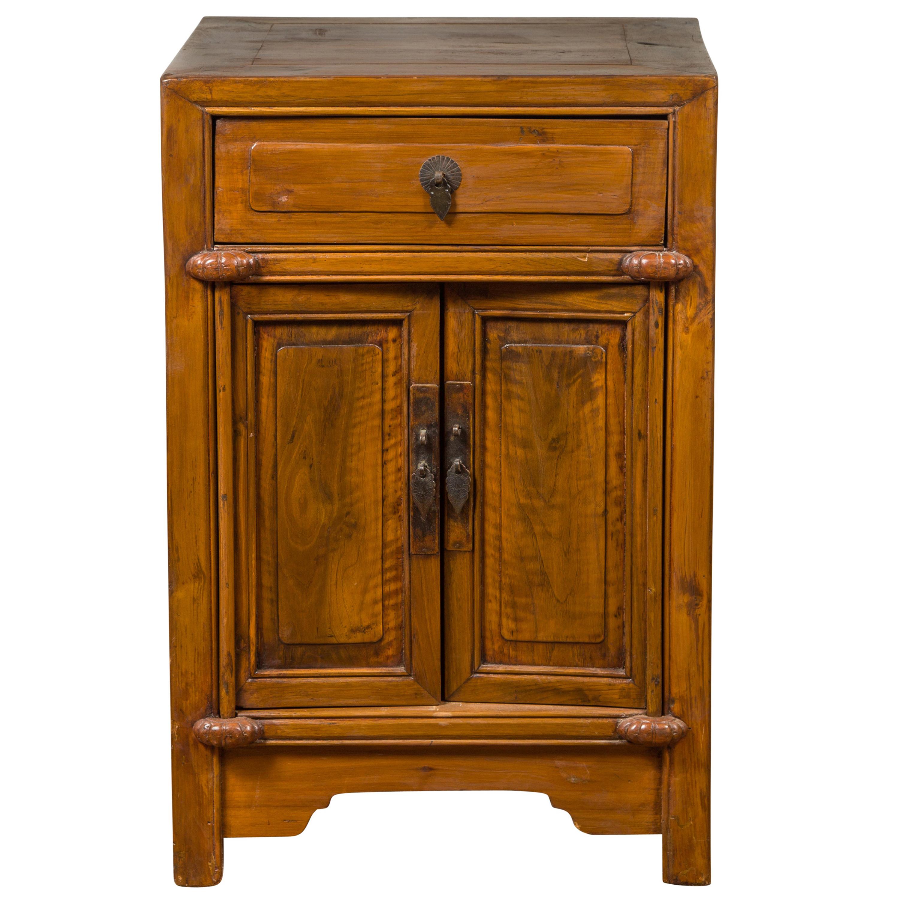 Qing Dynasty Elmwood 19th Century Side Chest with Single Drawer and Double Doors
