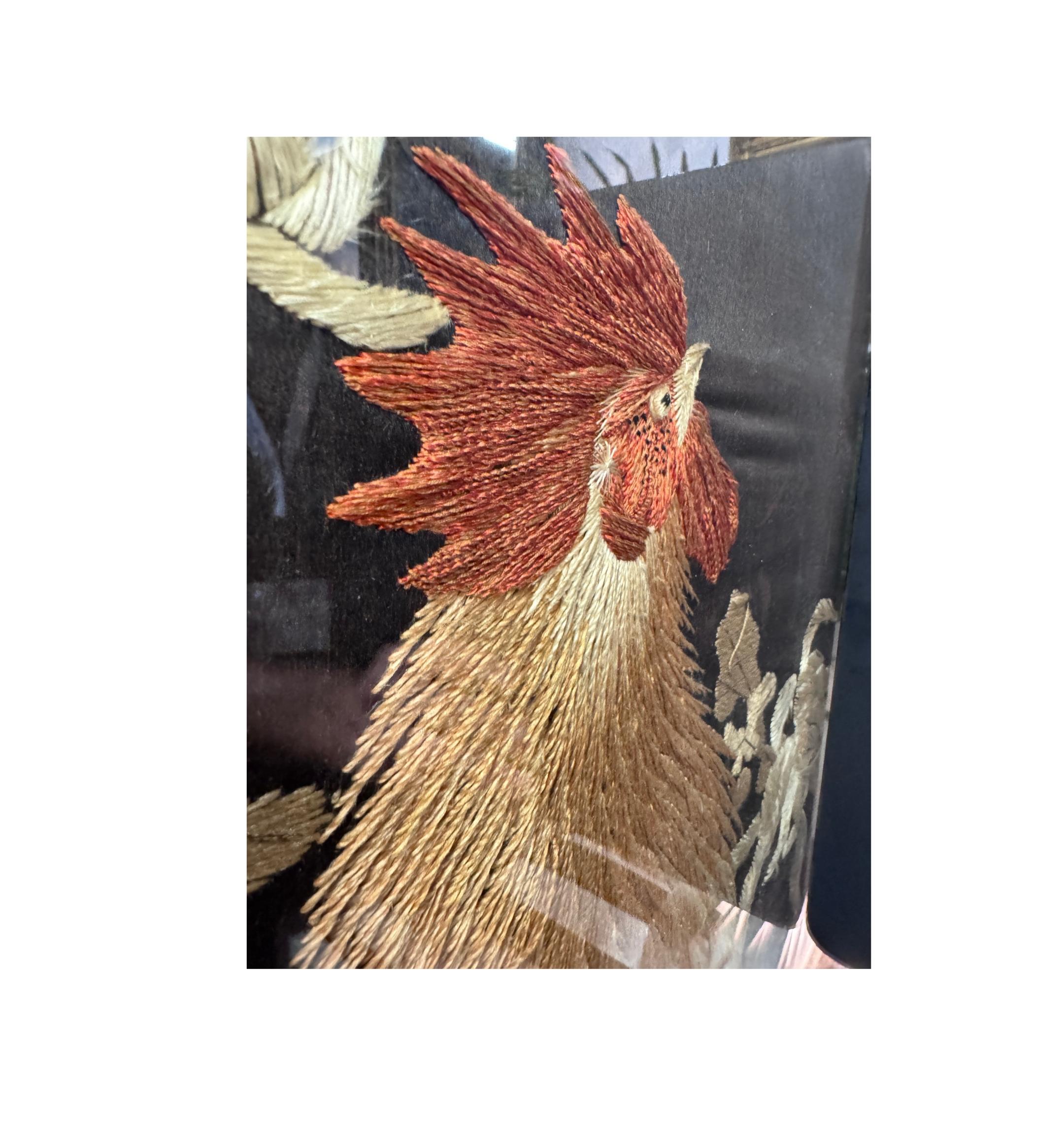 Qing Dynasty Embroidered Rooster Tapestry  2 with Wood Frame,  in Lucite Box For Sale 4