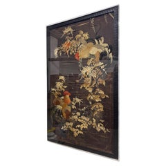 Qing Dynasty Embroidered Rooster Tapestry with Wood Frame, in Lucite Box