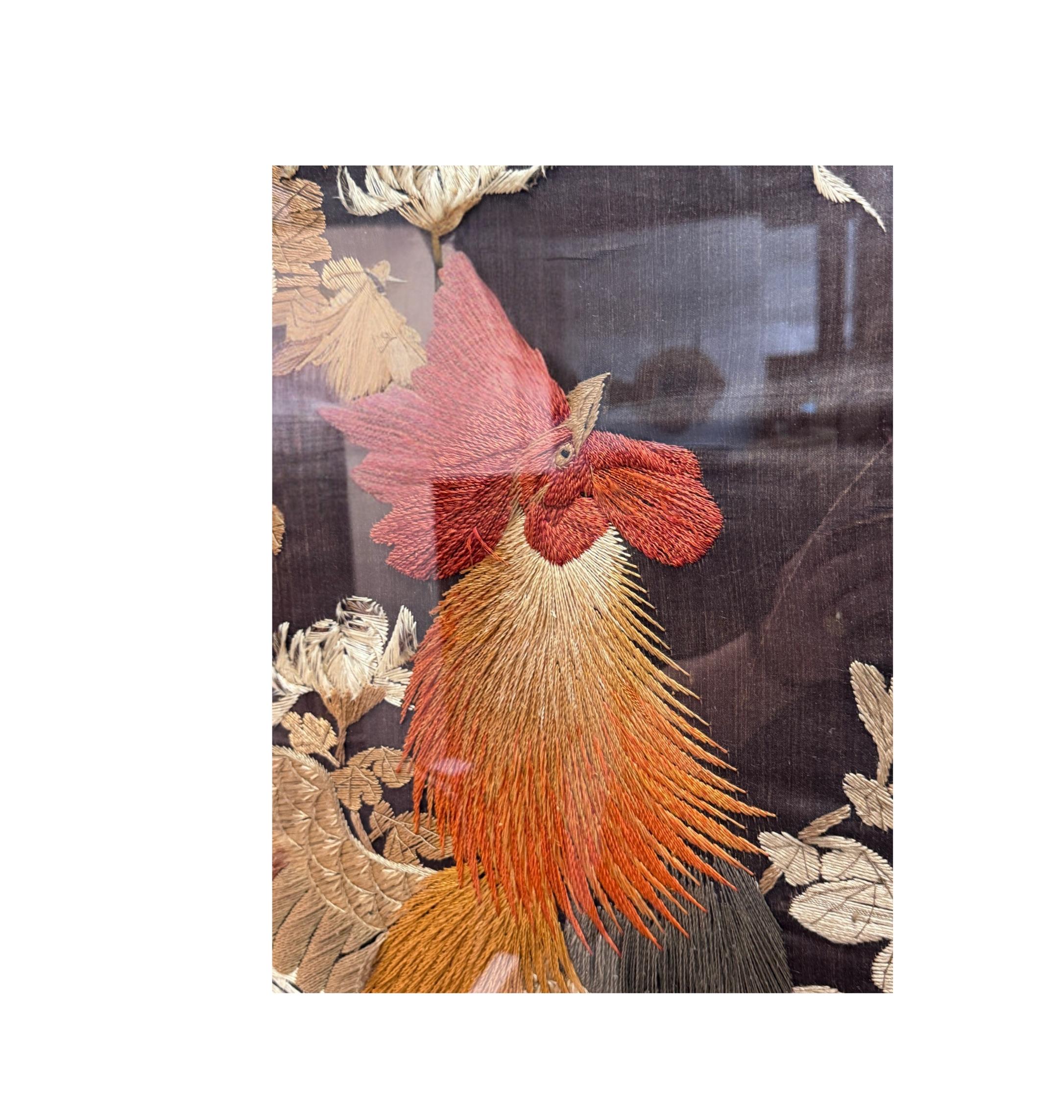 Chinese Qing Dynasty Embroidered Rooster Tapestry  2 with Wood Frame,  in Lucite Box For Sale