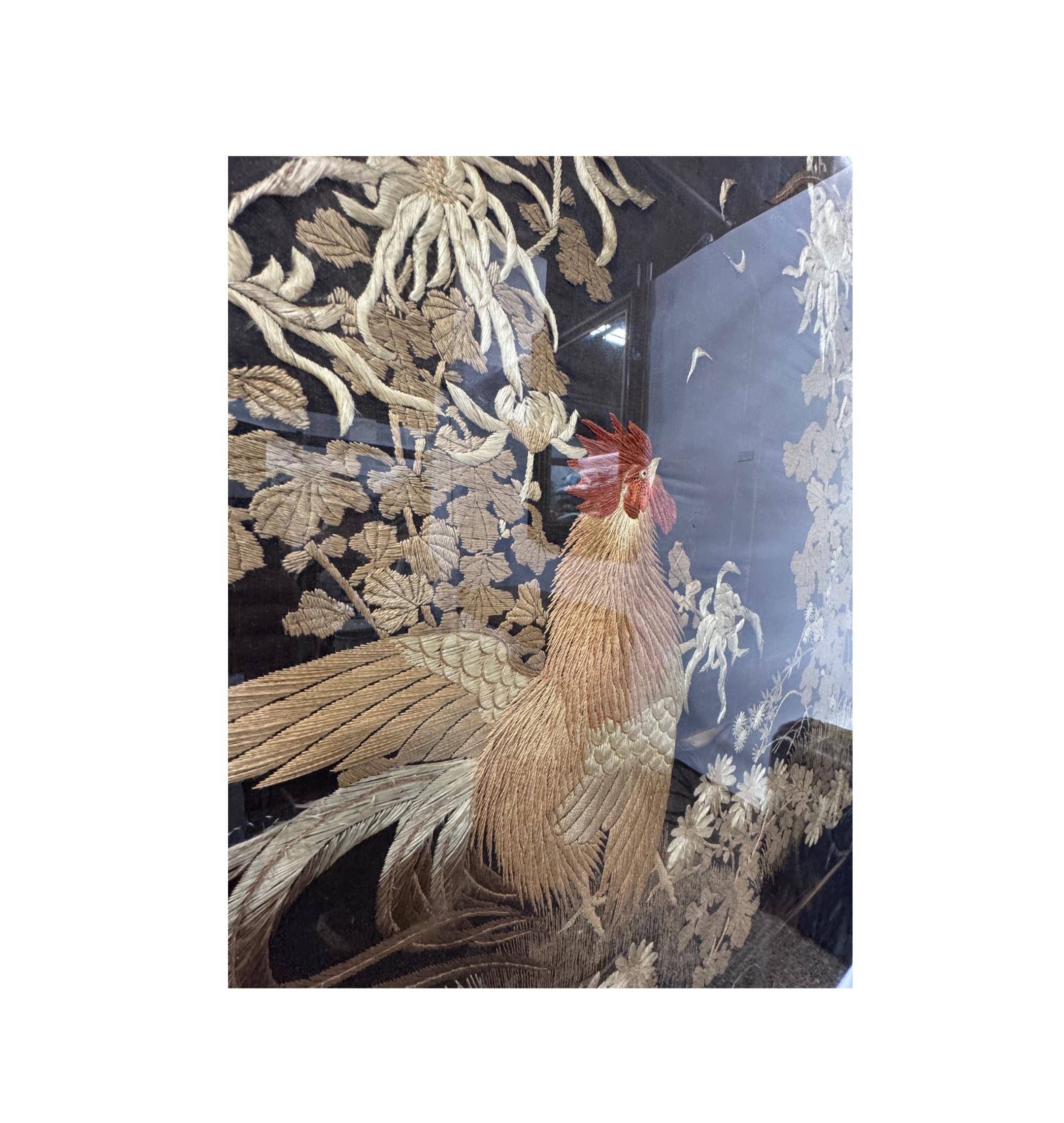 Qing Dynasty Embroidered Rooster Tapestry  2 with Wood Frame,  in Lucite Box In Good Condition For Sale In Wichita, KS