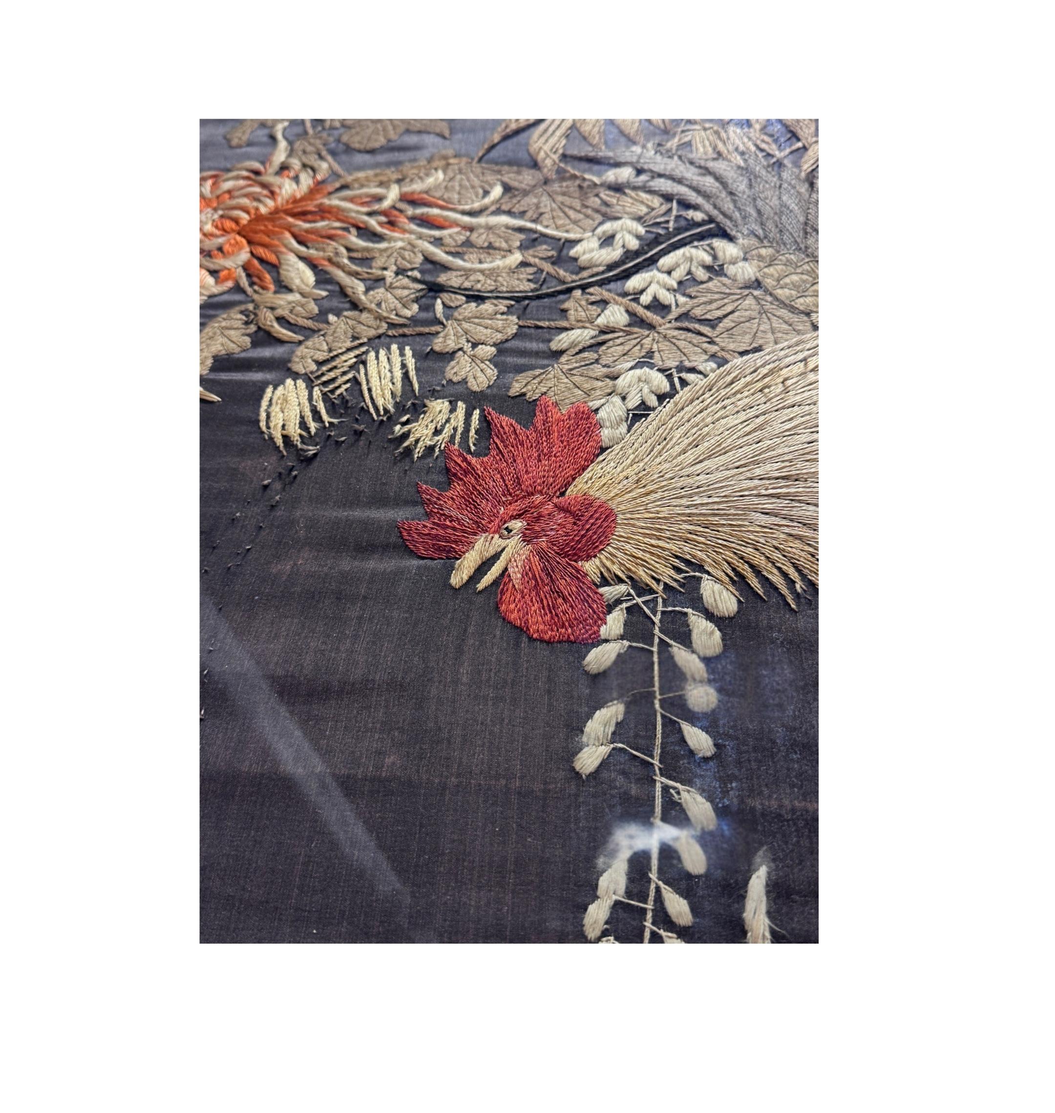 20th Century Qing Dynasty Embroidered Rooster Tapestry  2 with Wood Frame,  in Lucite Box For Sale
