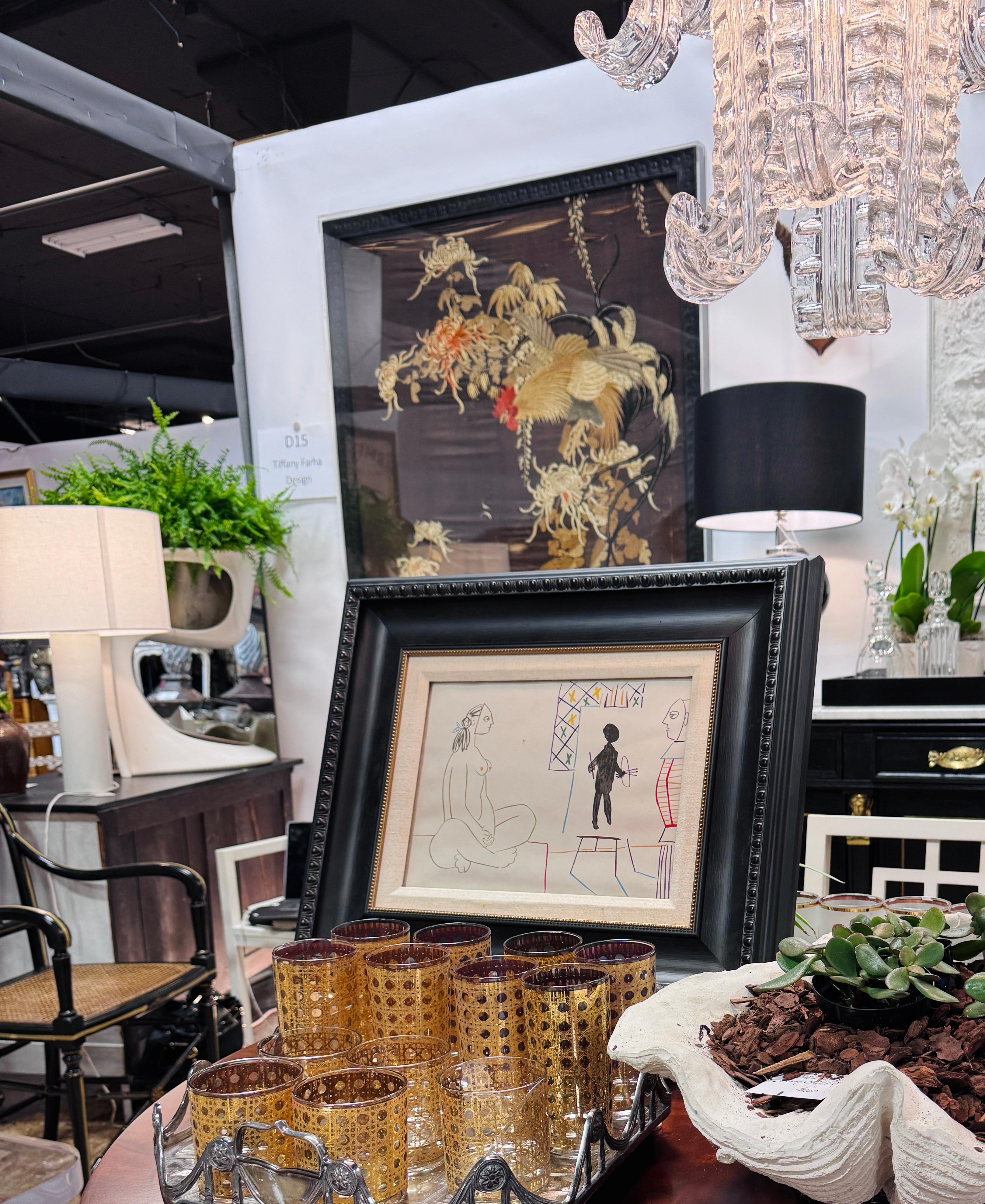 Silk Qing Dynasty Embroidered Rooster Tapestry  2 with Wood Frame,  in Lucite Box For Sale