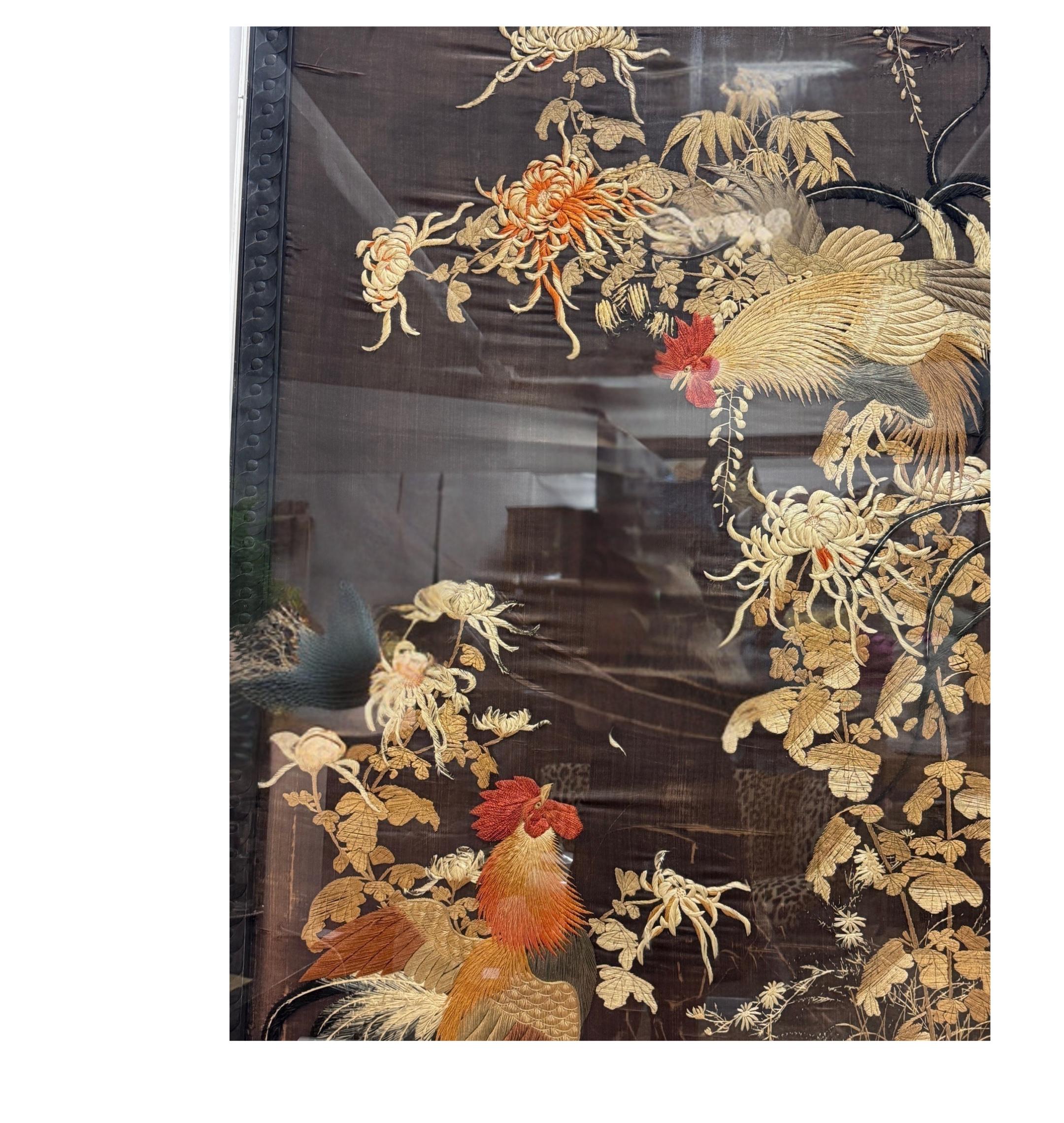 Qing Dynasty Embroidered Rooster Tapestry  2 with Wood Frame,  in Lucite Box For Sale 1