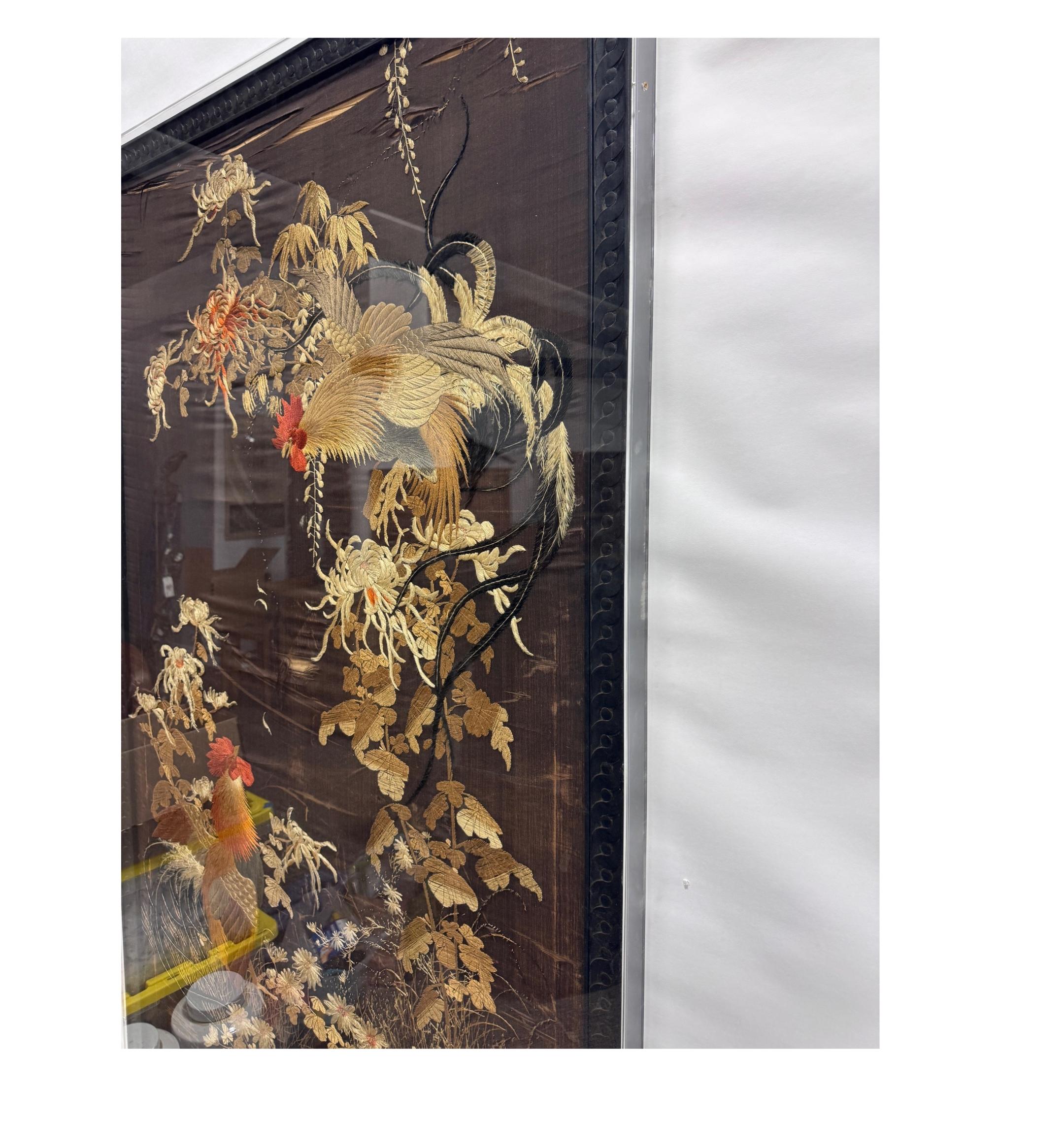 Qing Dynasty Embroidered Rooster Tapestry  2 with Wood Frame,  in Lucite Box For Sale 3