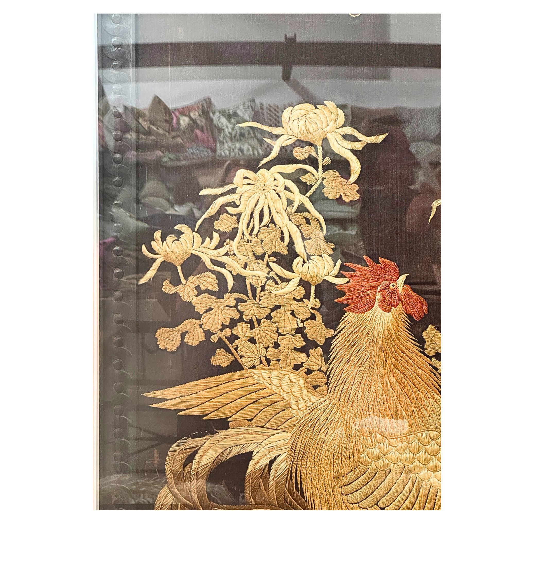 This amazing and rare Qing Dynasty silk tapestry is one of two available. it is exceptional in its antique handwoven embroidery work and depicts a stunning set of two roosters surrounded by a field of flowers and leaves.  the embroidery is in some