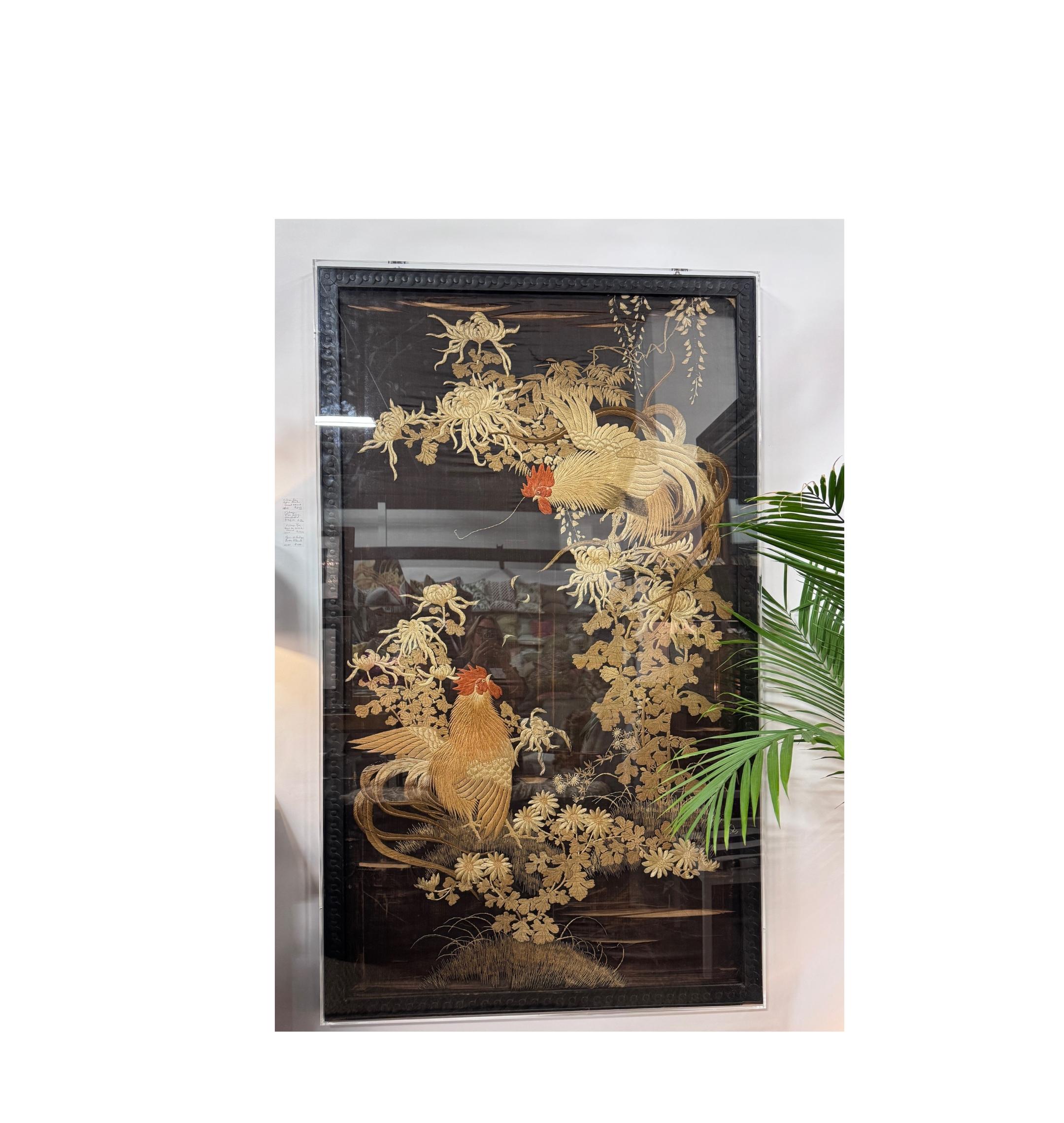 Chinese Qing Dynasty Embroidered Rooster Tapestry with Wood Frame,  in Lucite Box For Sale