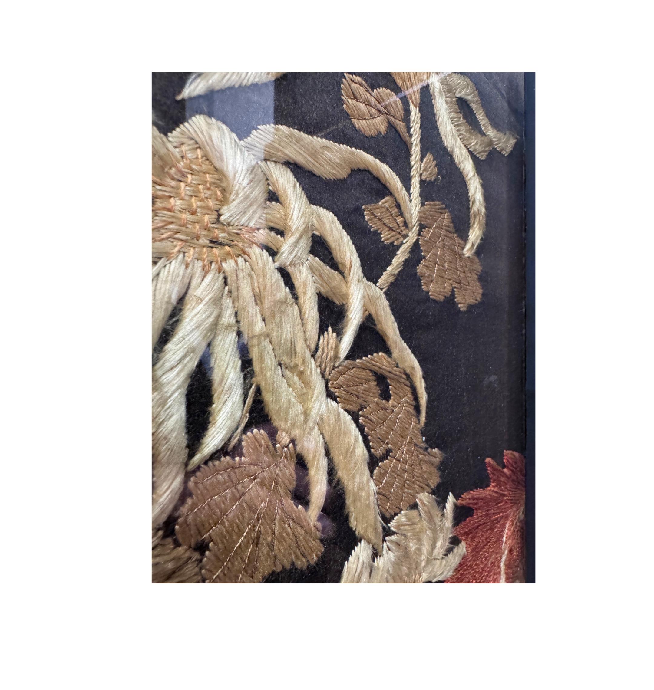 Qing Dynasty Embroidered Rooster Tapestry with Wood Frame,  in Lucite Box In Good Condition For Sale In Wichita, KS